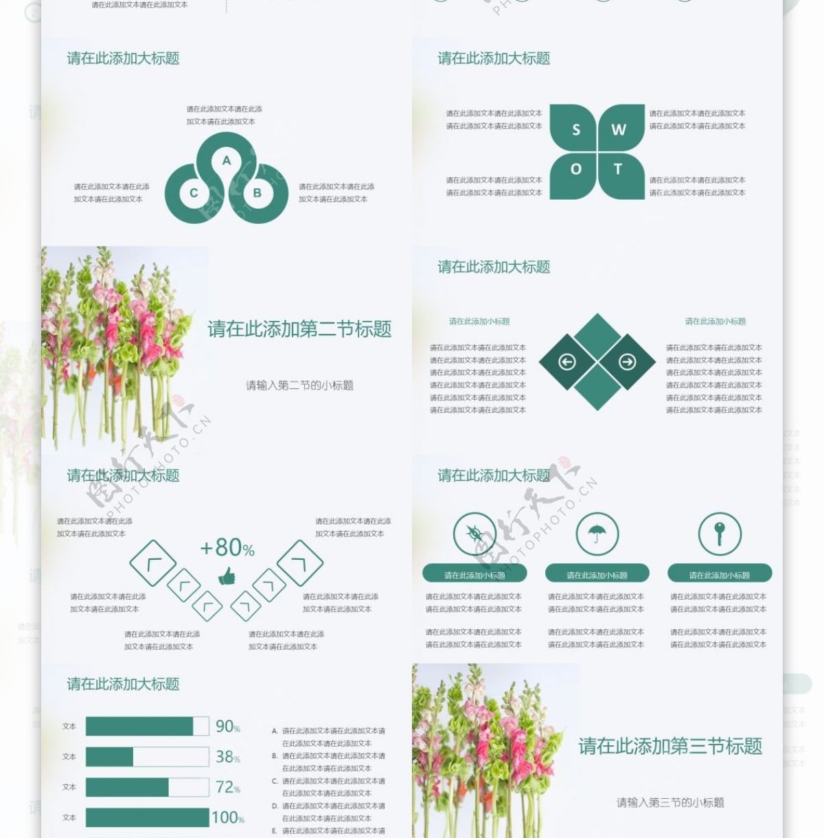 绿色花卉小清新多图表工作报告PPT模板