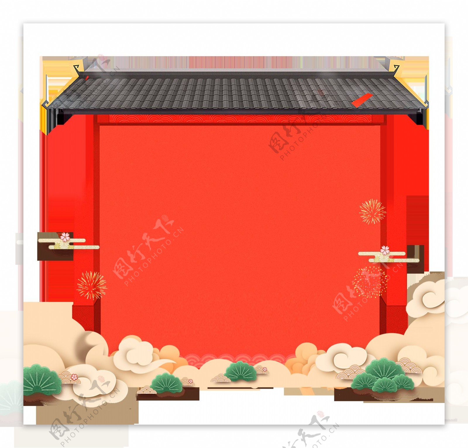 卡通中国红墙png元素