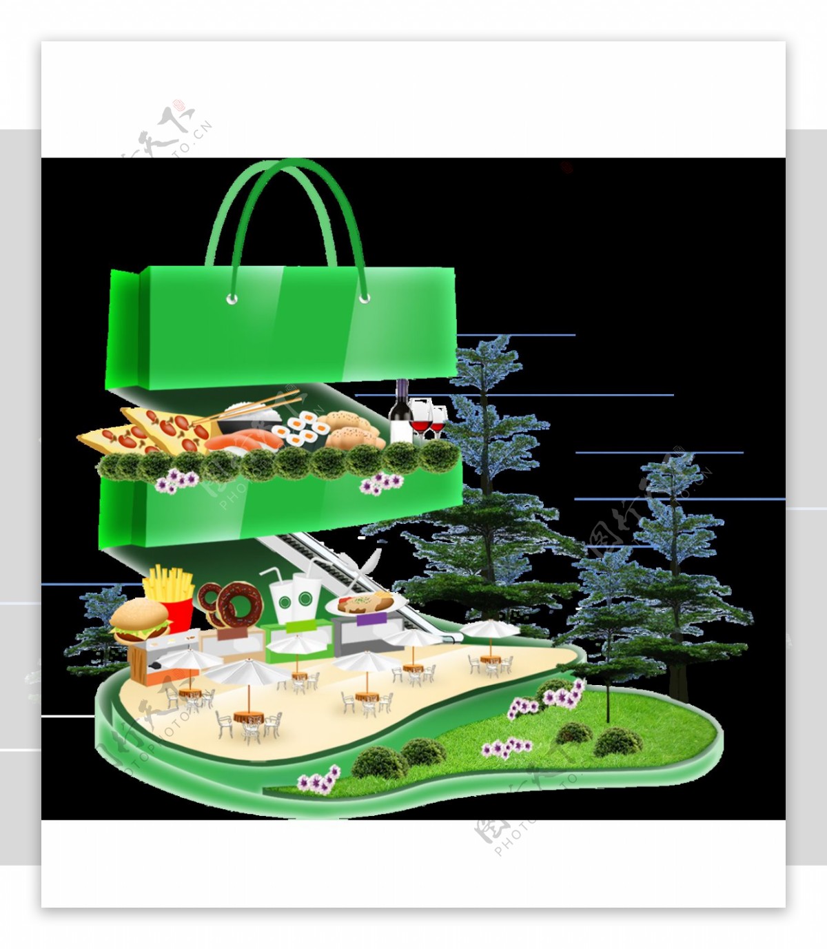 卡通绿色购物袋建筑快餐展示png元素