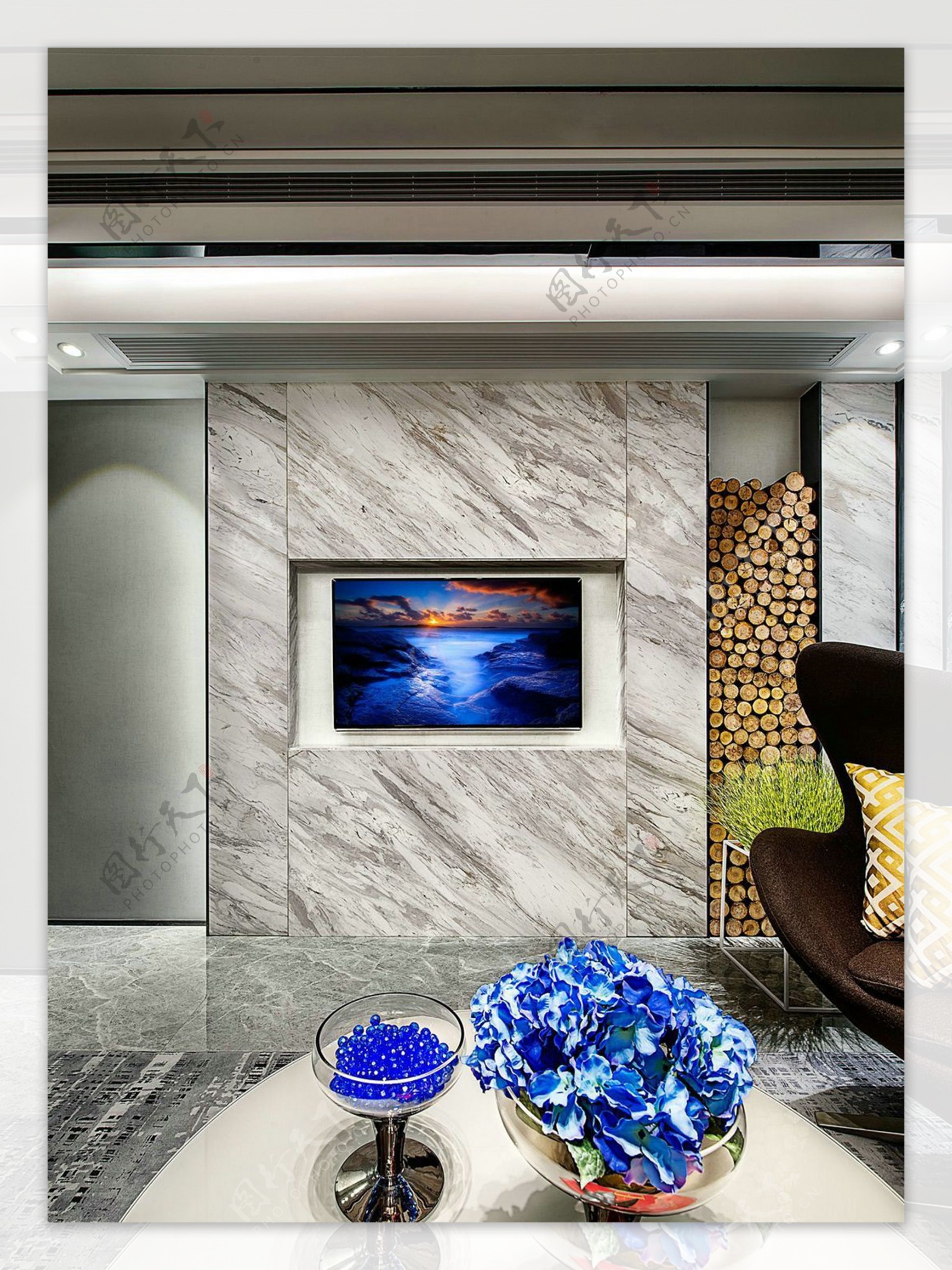中式客厅灰色条纹大理石电视背景墙装修效果图