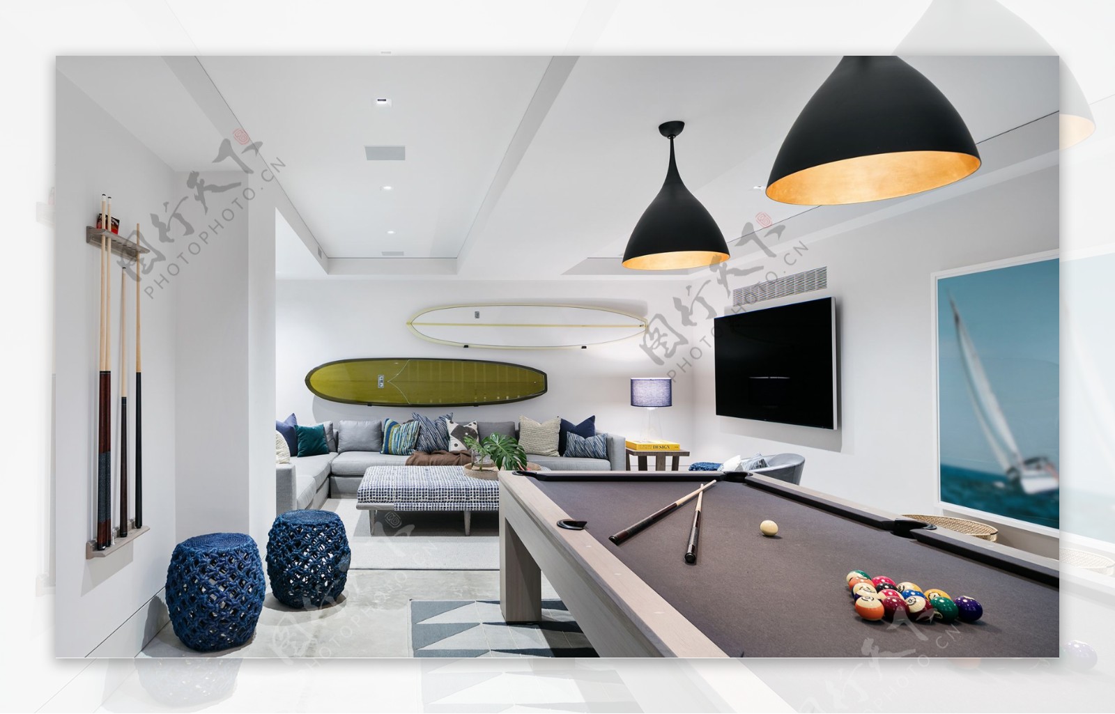 美式现代客厅装修台球桌设计效果图
