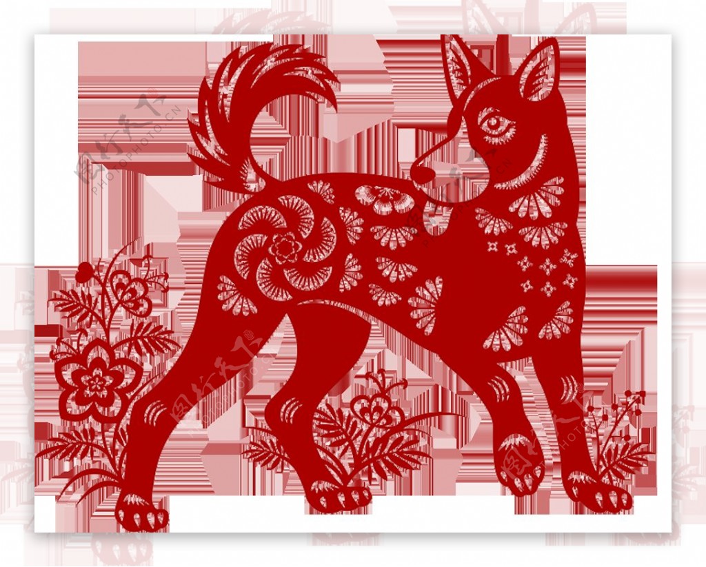 中国风红色花式狗狗剪纸元素