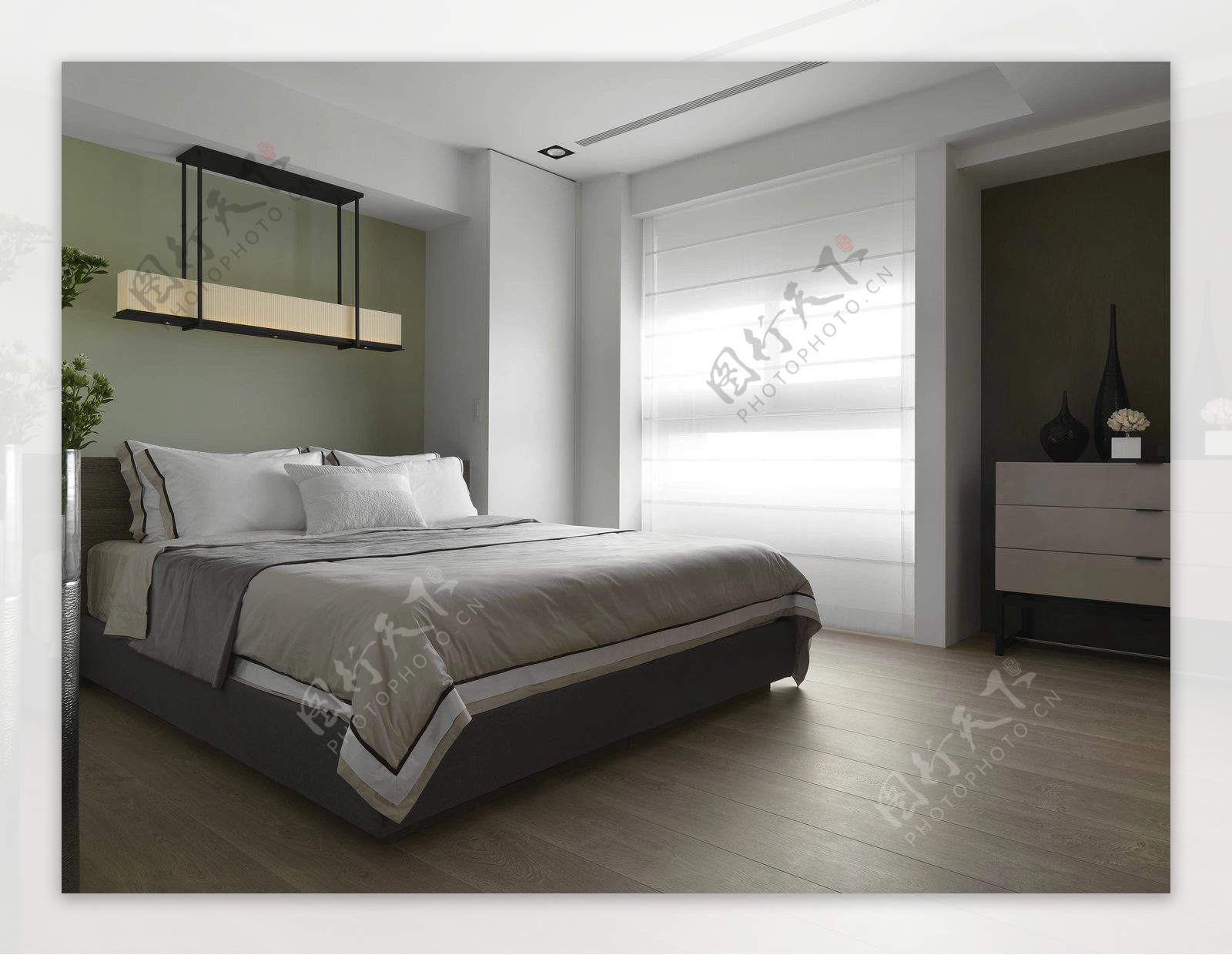 简约卧室床头绿色背景装修效果图