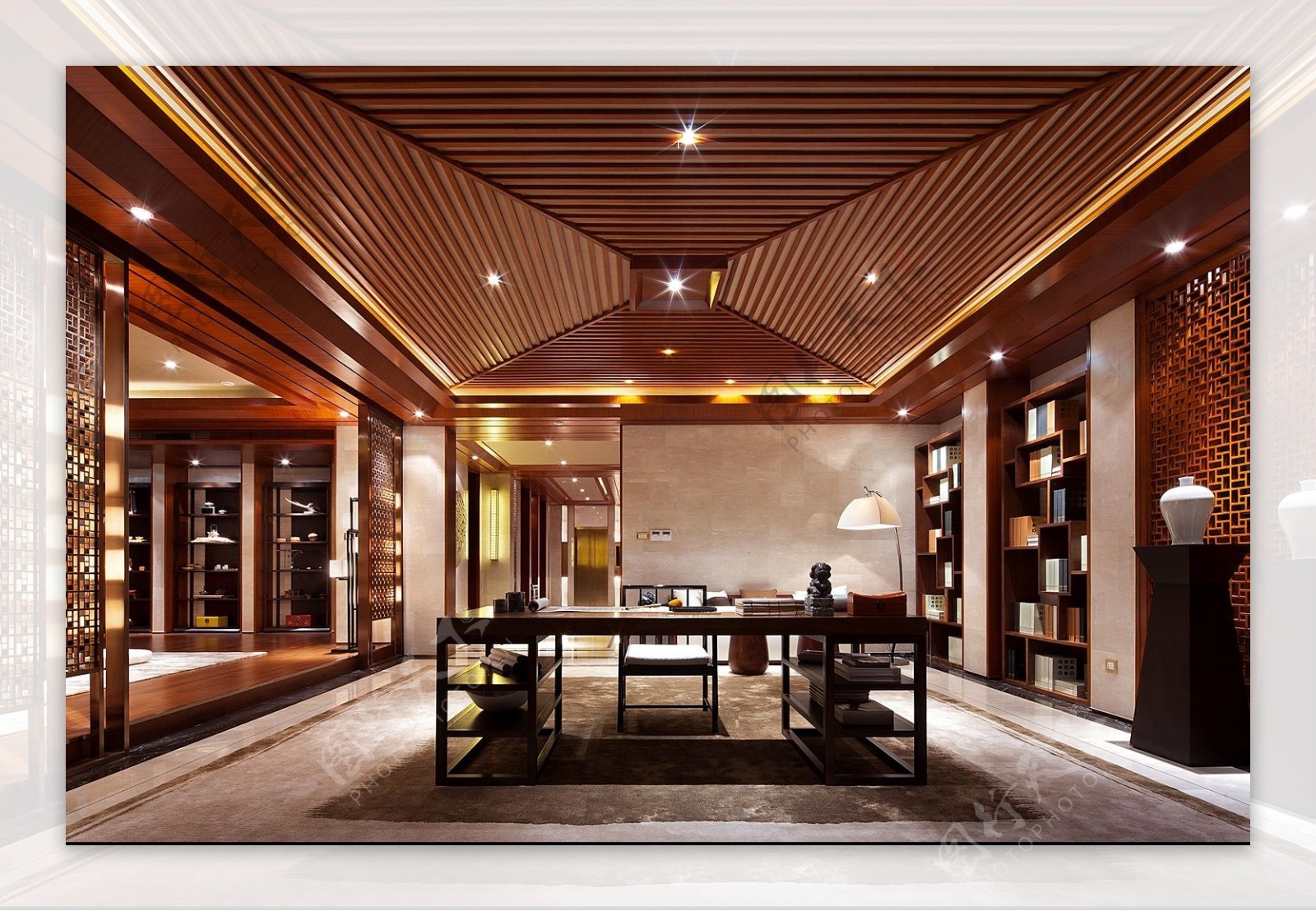 中式传统木制装修书房设计效果图