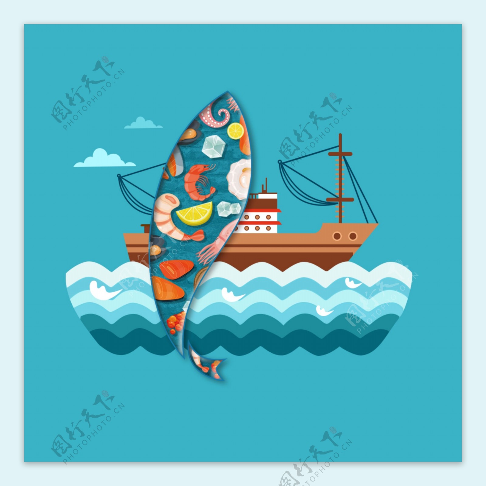 手绘卡通水产海鲜商业插画PSD模板
