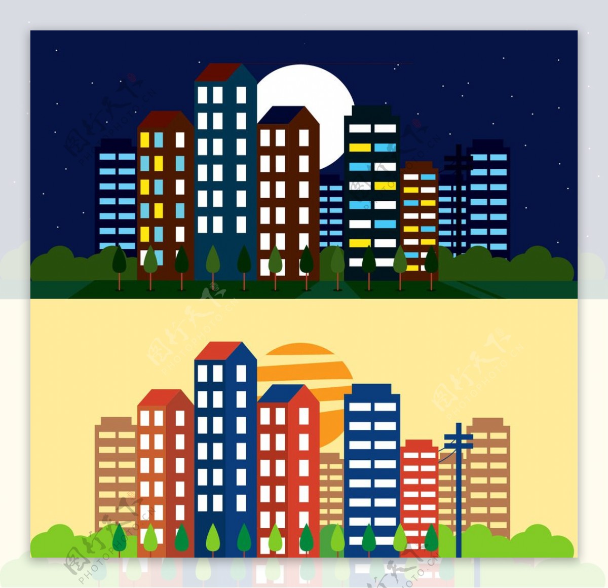 城市日景和夜景插图
