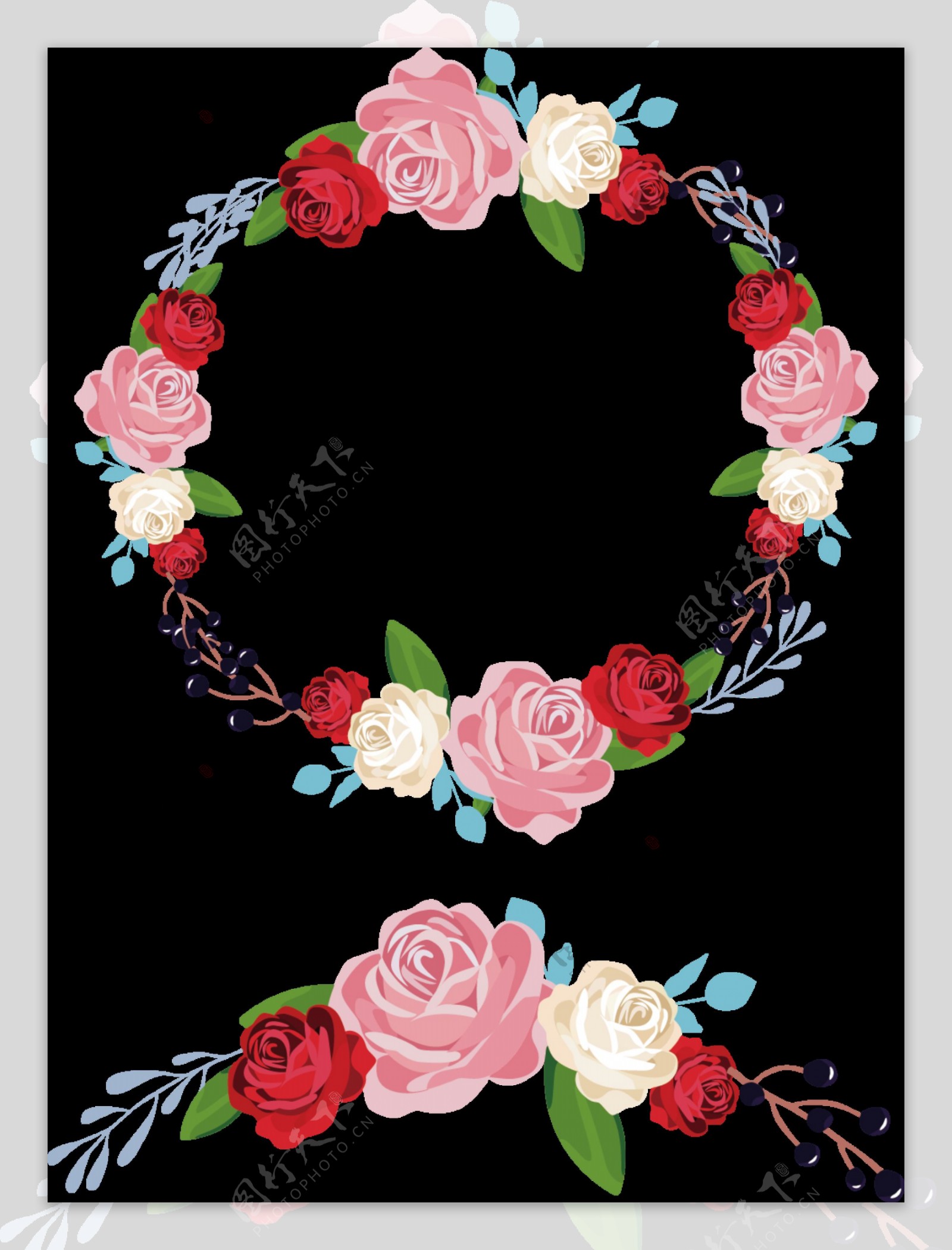 浪漫红色系玫瑰花手绘花环装饰元素