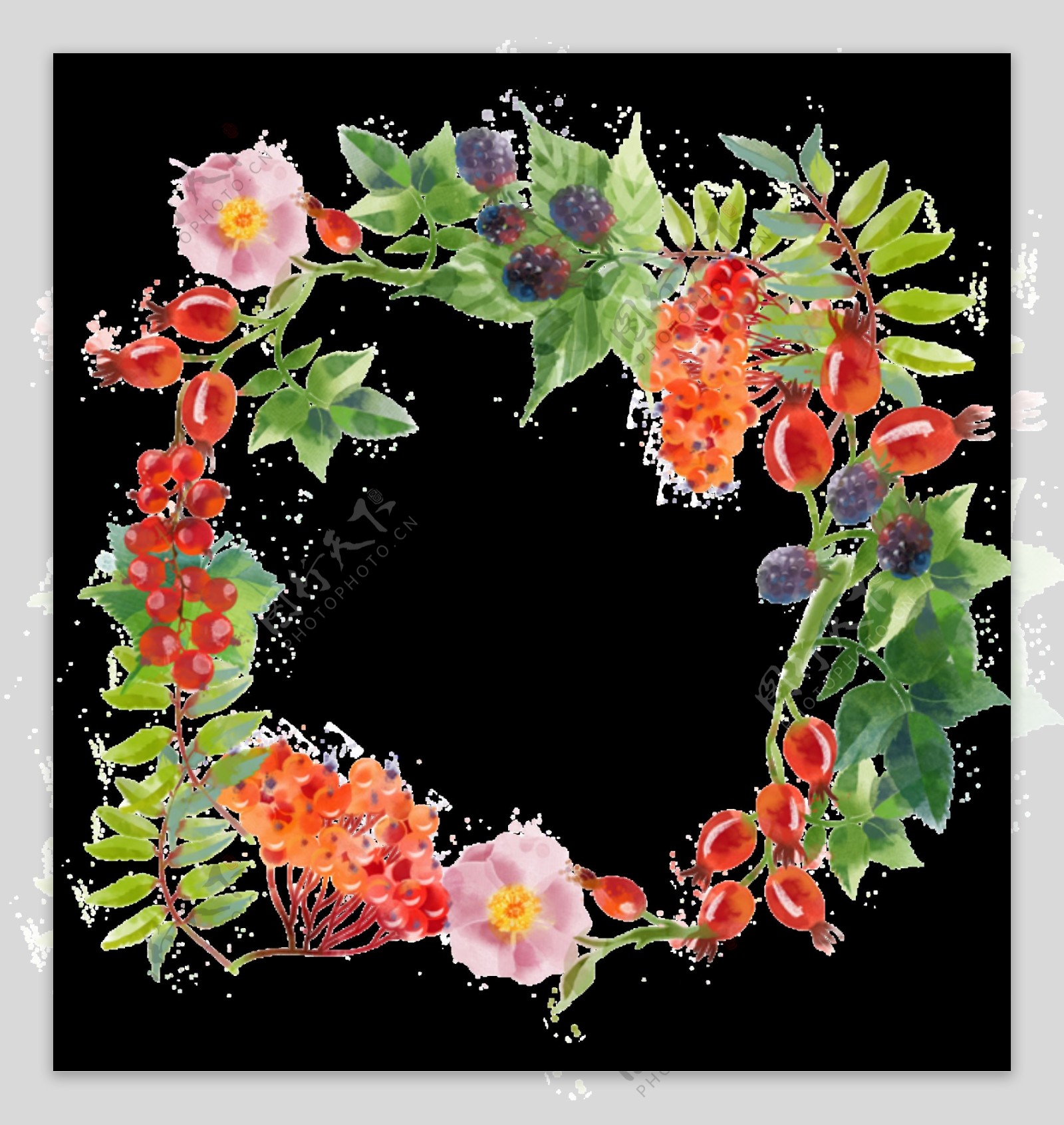 文艺红色系花朵手绘花环装饰元素