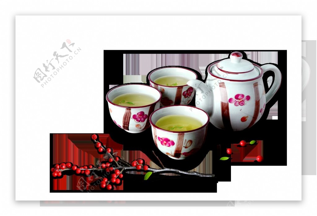 清新文雅玫红色花纹茶具产品实物