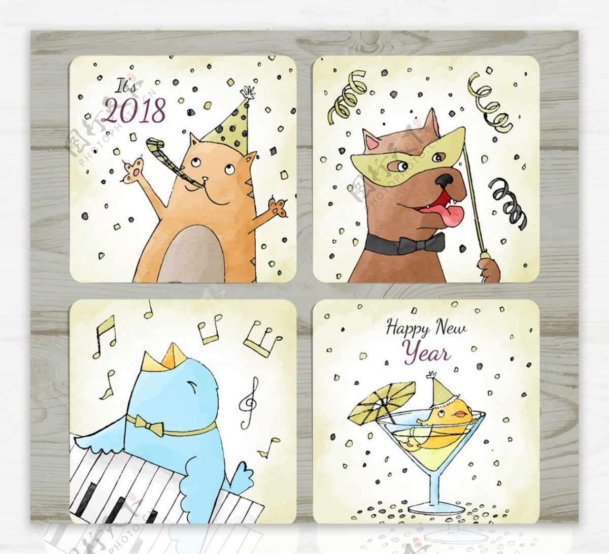4款彩绘动物新年快乐卡片矢量图
