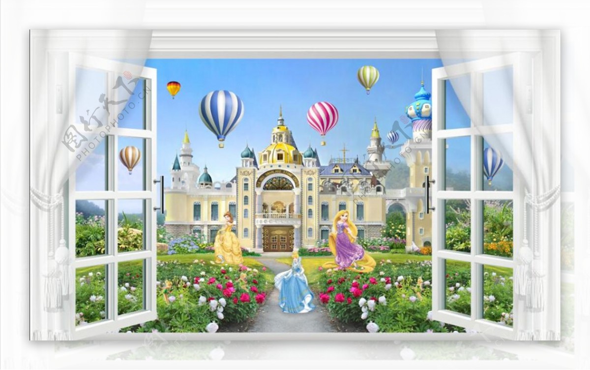 3D窗外卡通城堡公主小叮当气球