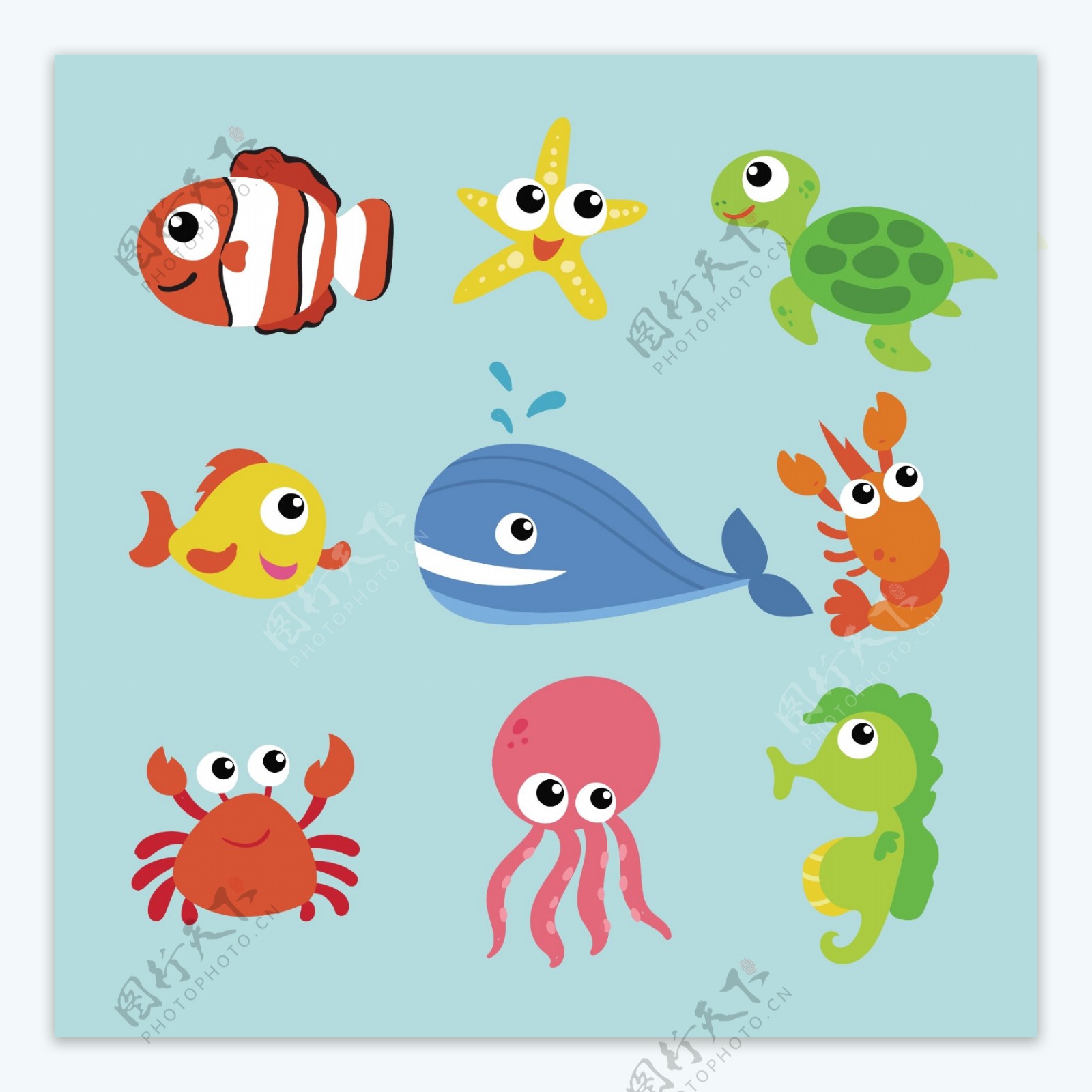 9款卡通海洋动物矢量素材