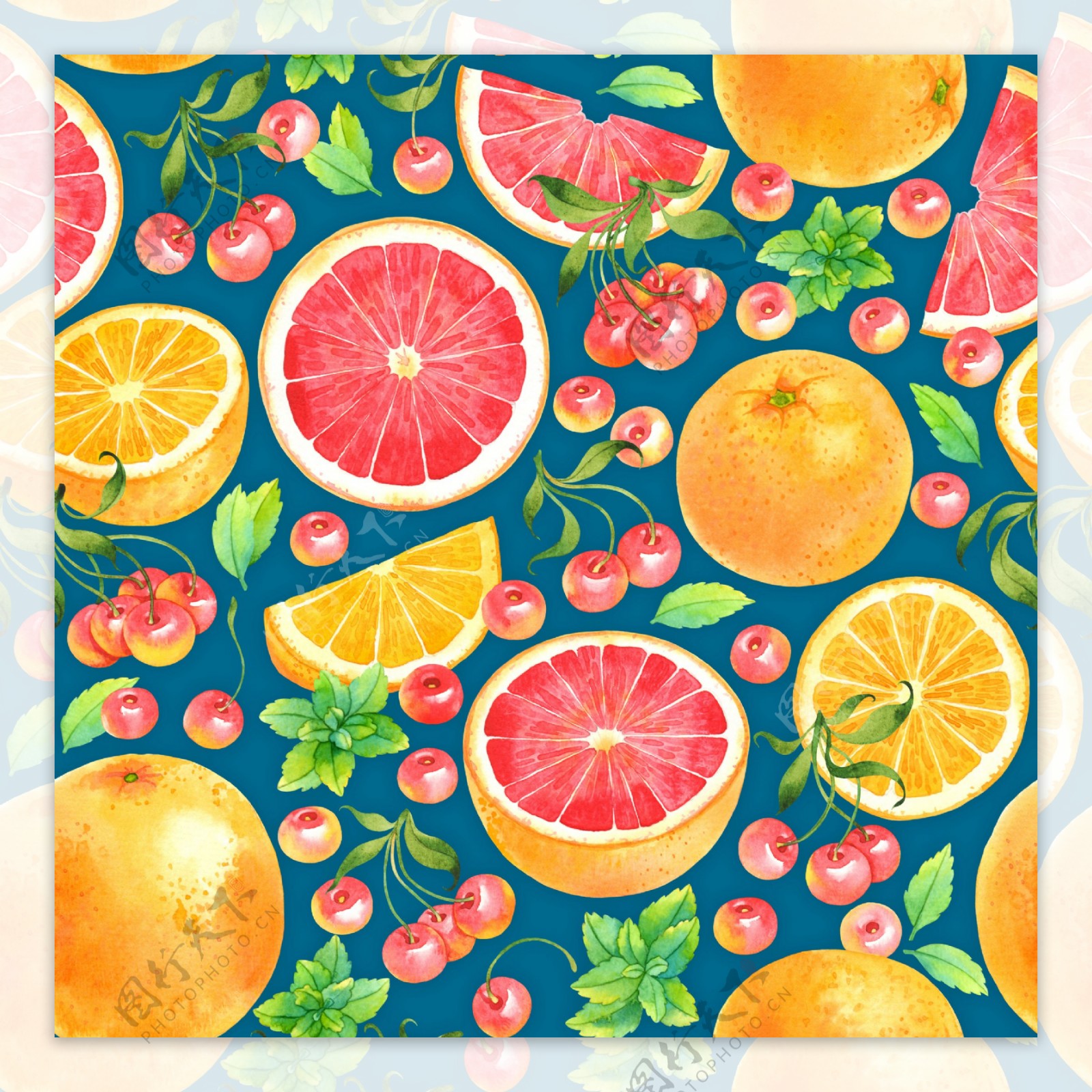 水彩绘橙子和樱桃