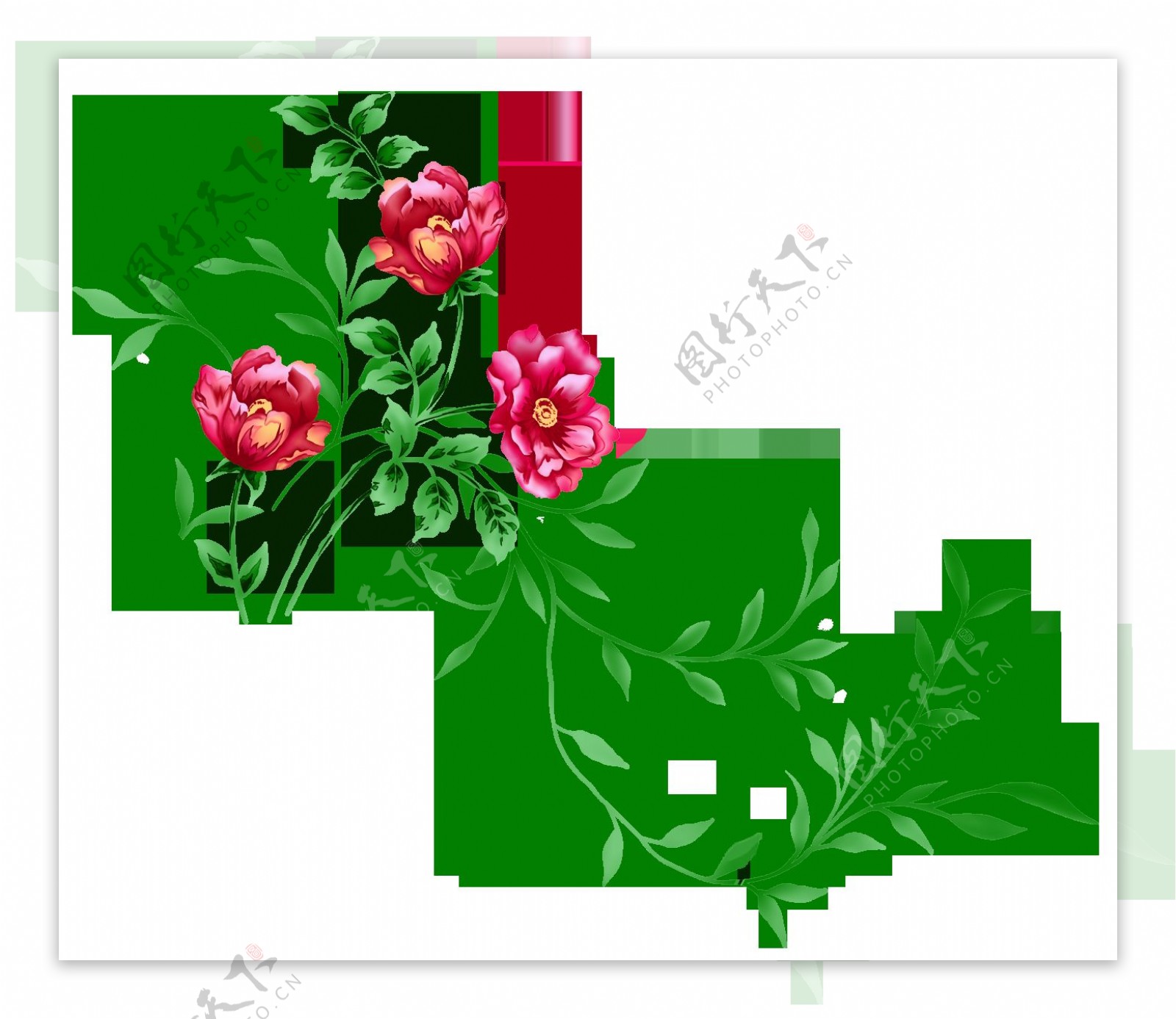 卡通红色花朵绿叶png元素