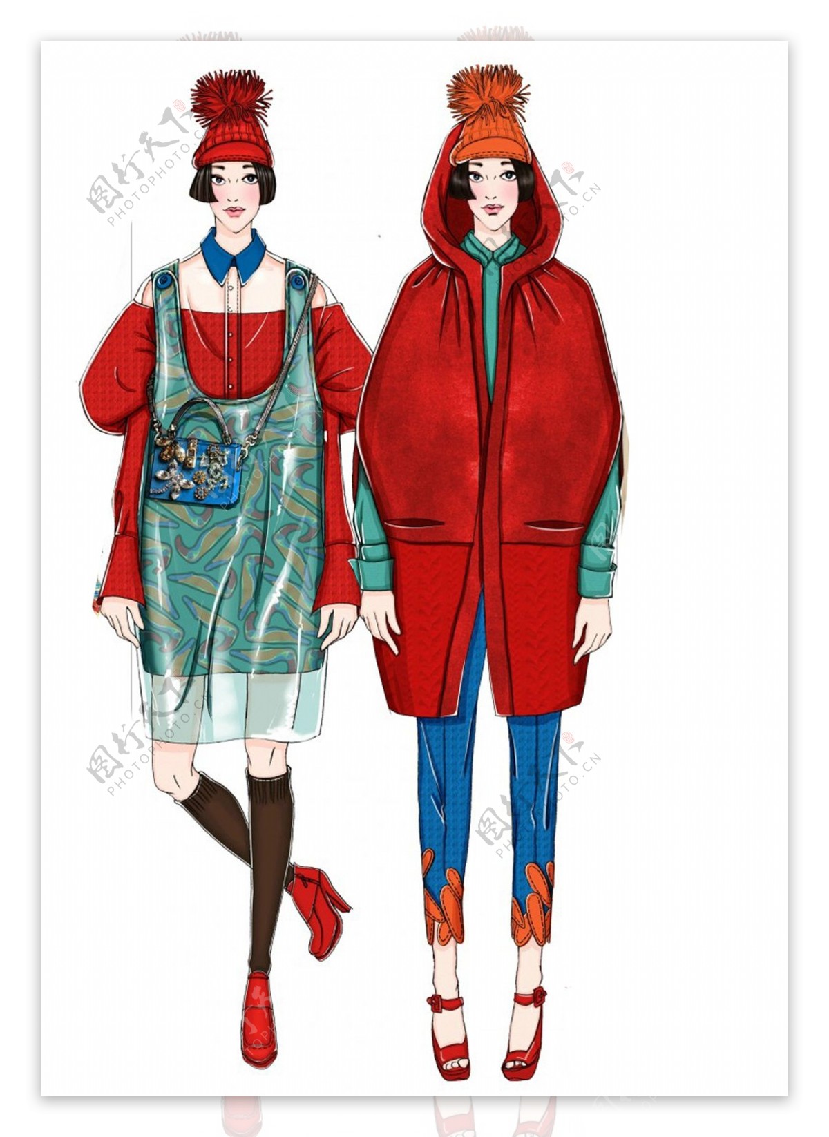 时尚大红色长外套女装效果图