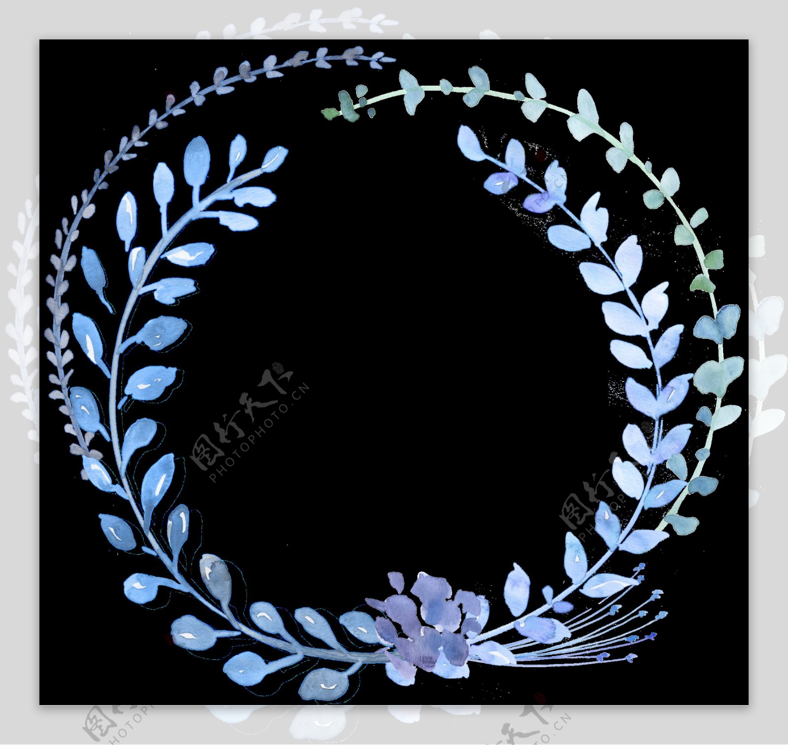 蓝色清雅手绘花环装饰图案