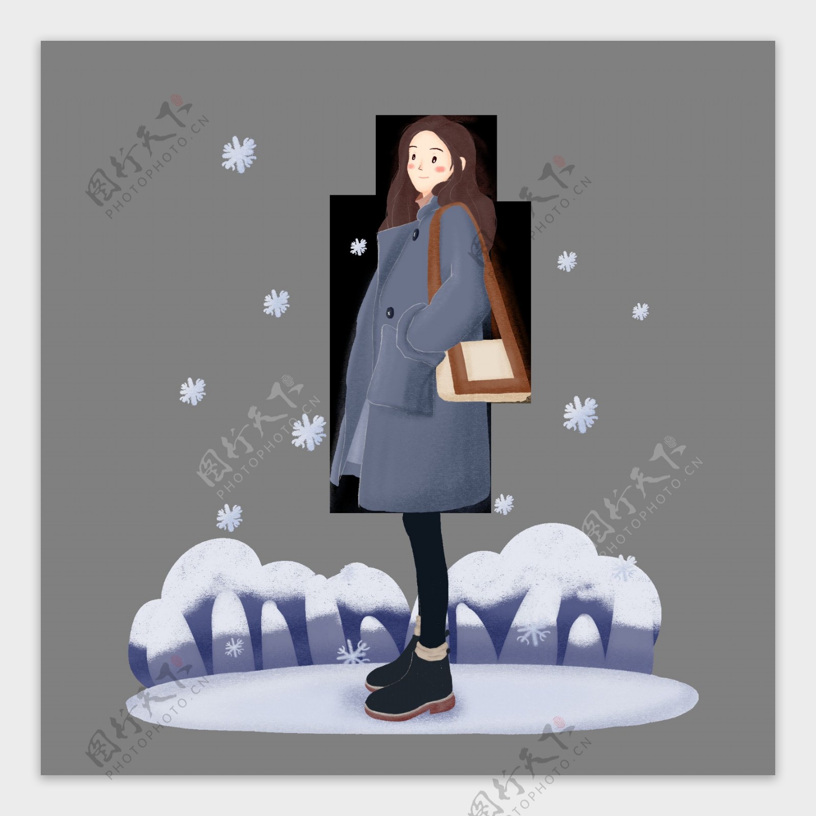 手绘冬季下雪女孩看雪人物场景素材