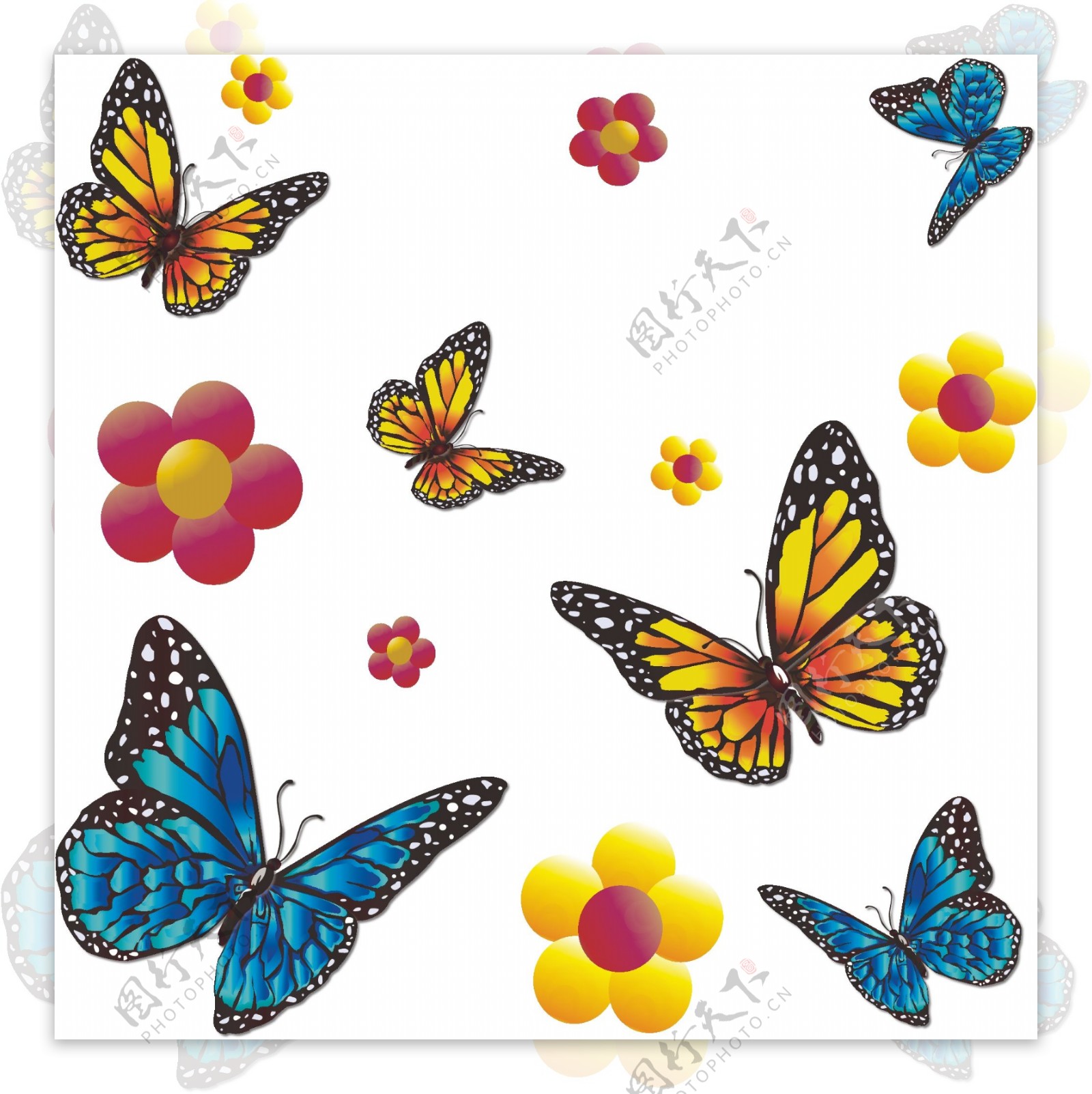 手绘精品漂浮蝴蝶花朵昆虫花卉植物可商用元