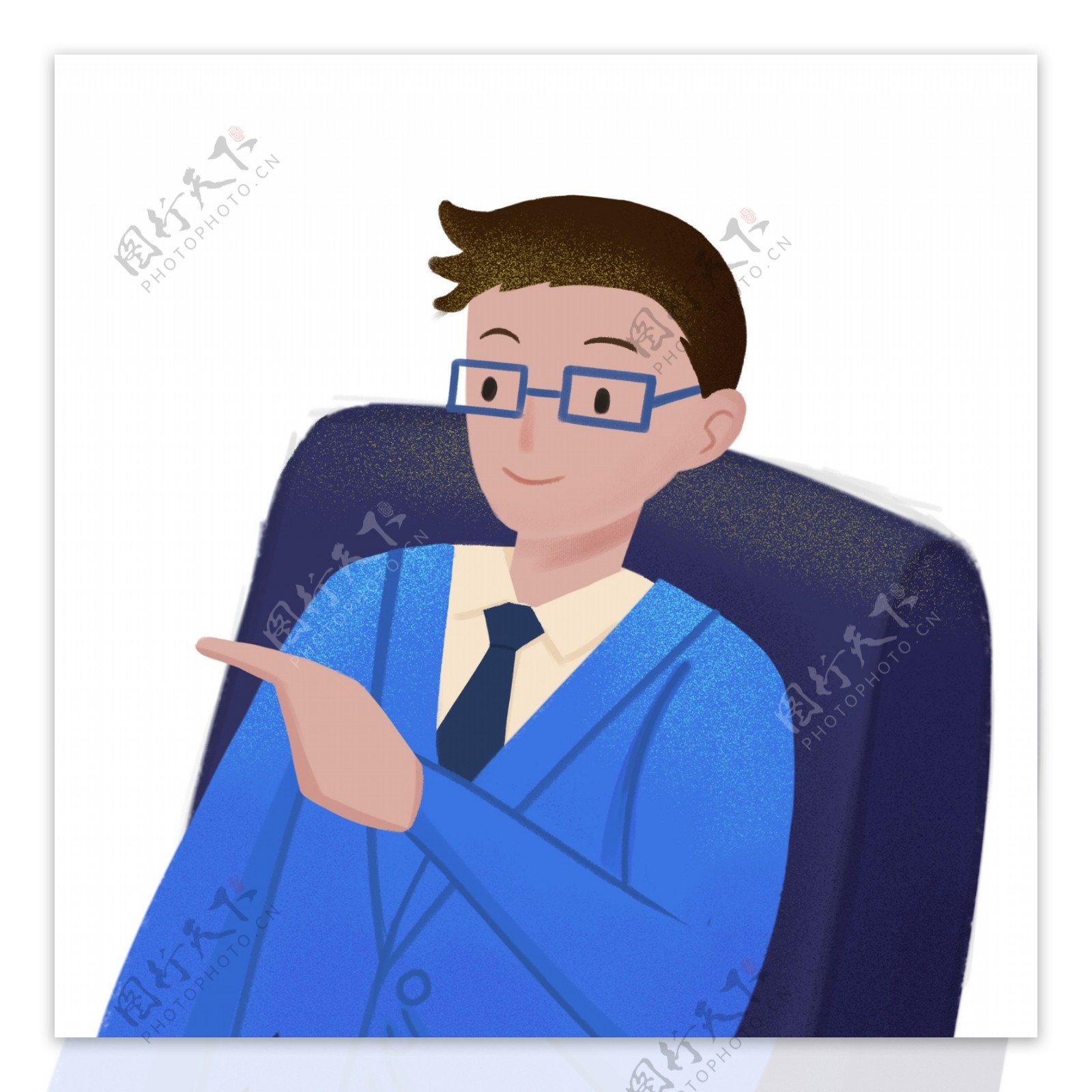 手绘卡通坐在椅子上指示前方的蓝西服眼镜男
