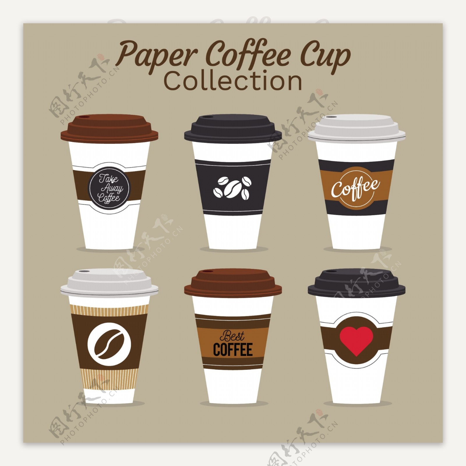 6款纸质图案咖啡杯元素设计