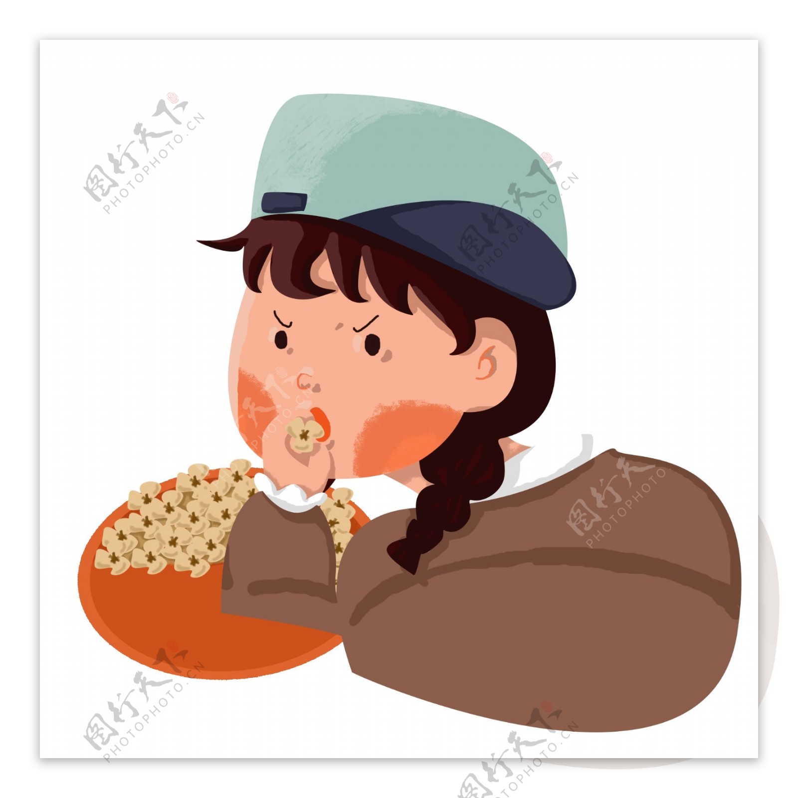 手绘卡通戴帽子的女孩吃爆米花原创元素
