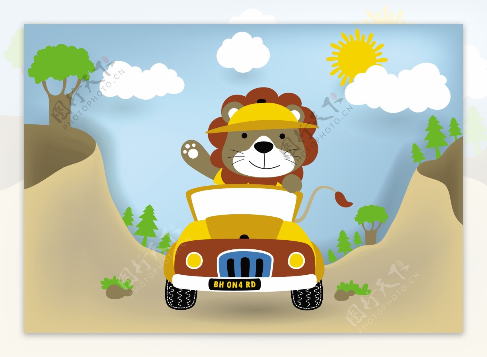 可爱开心小熊汽车儿童插画