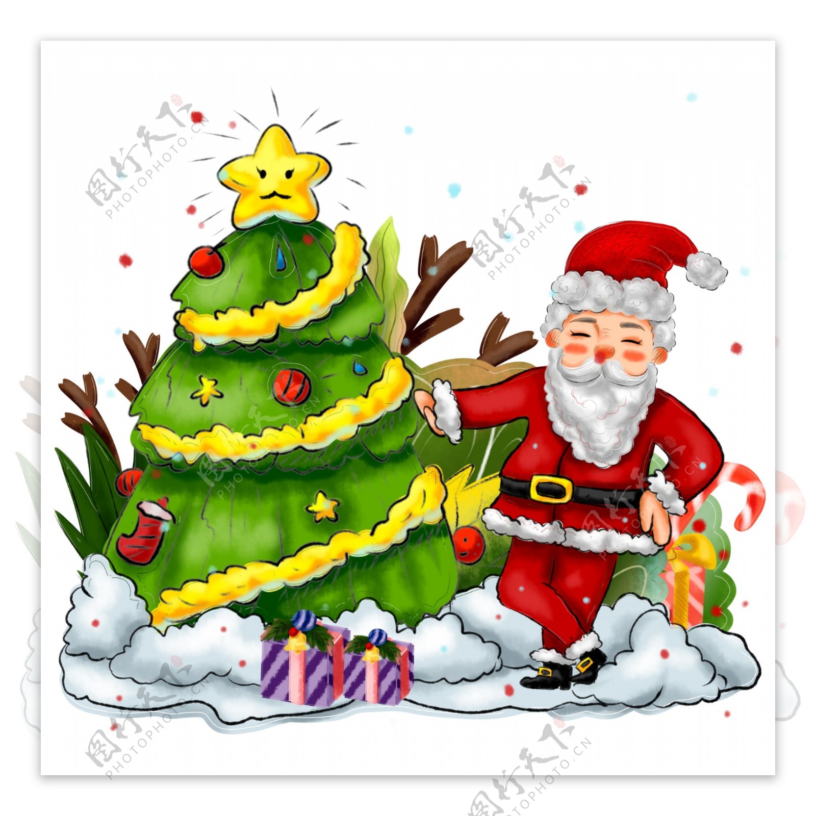 商用手绘圣诞节日圣诞老人圣诞树植物元素