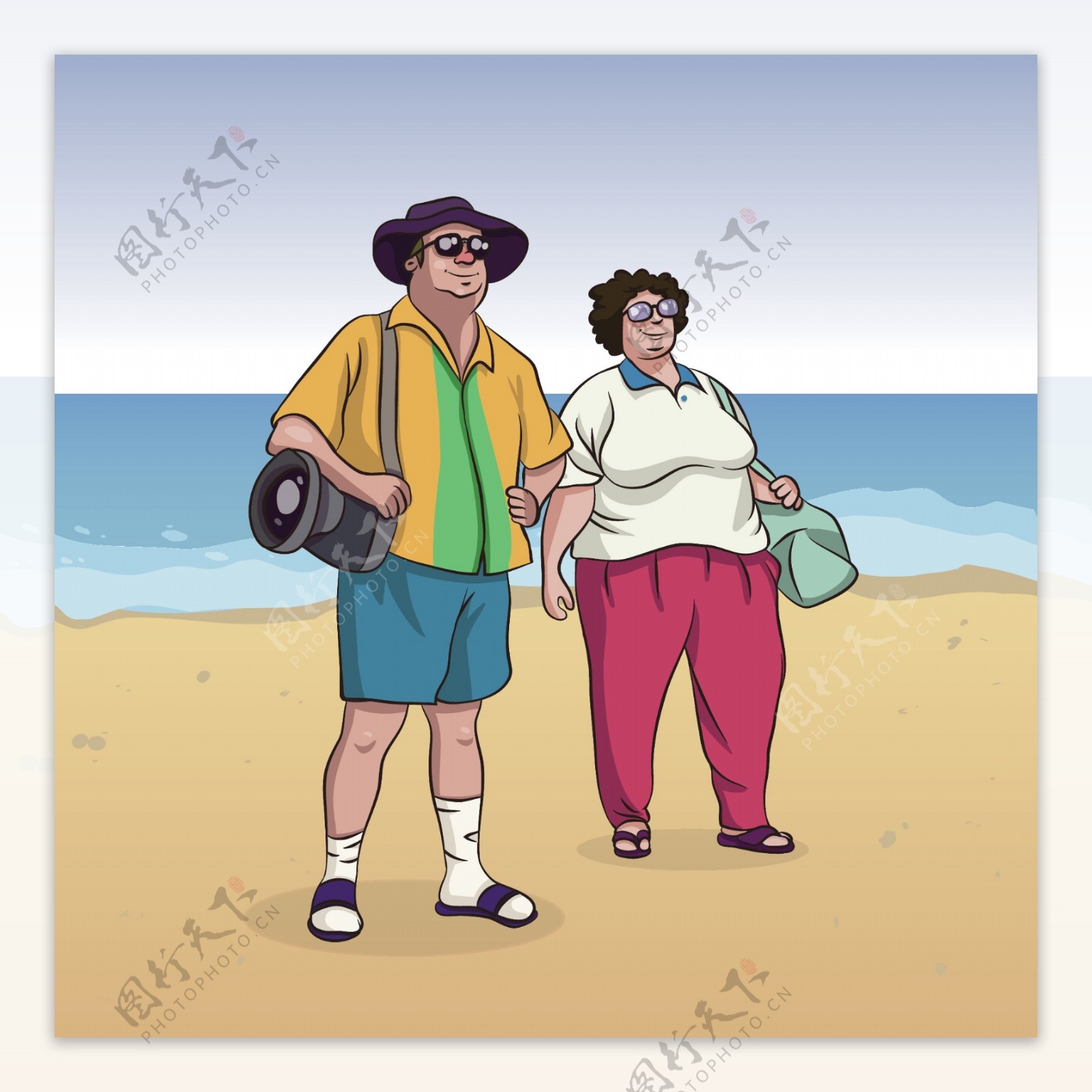卡通中年夫妻海边旅游图案