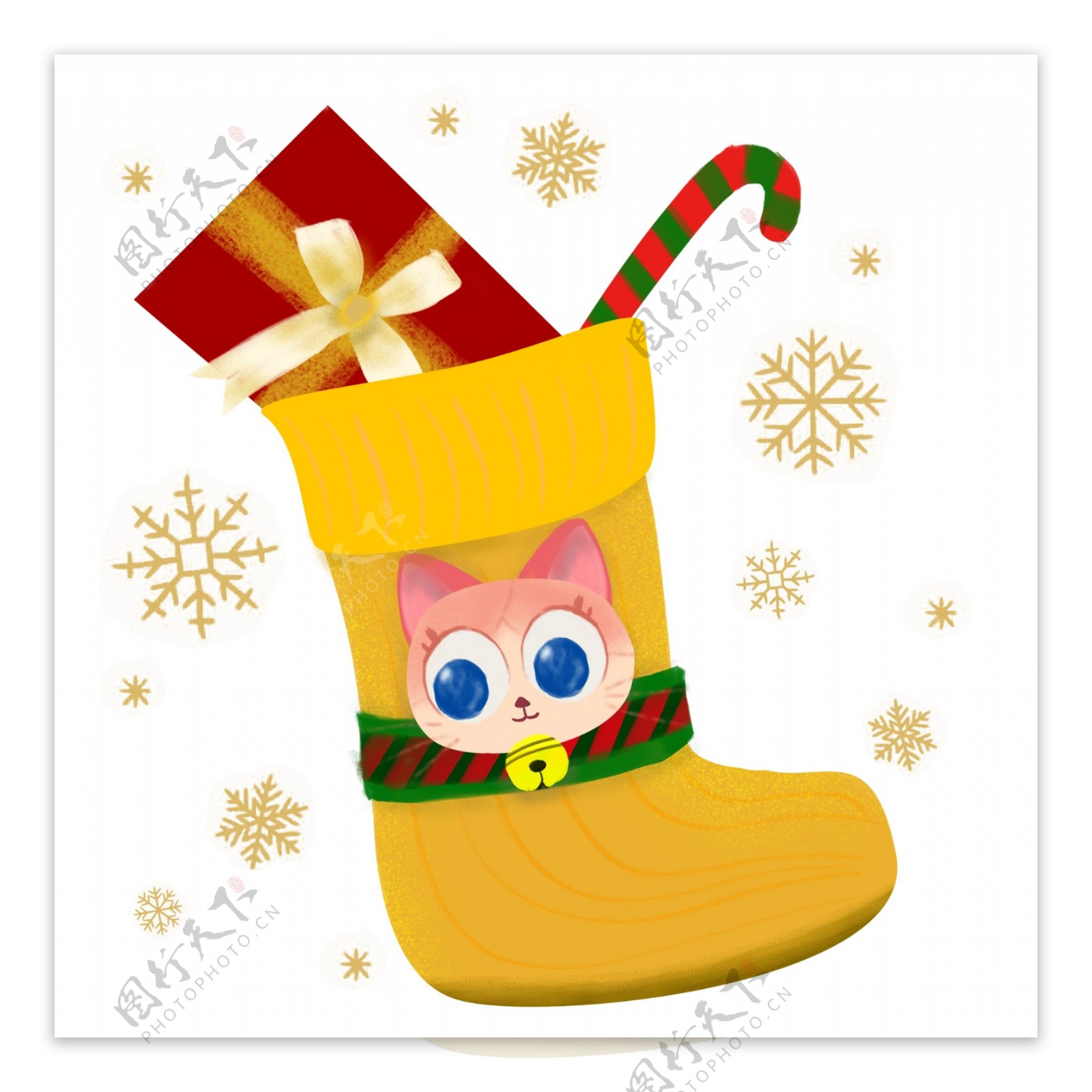 可爱橘猫圣诞袜子金色雪花设计元素