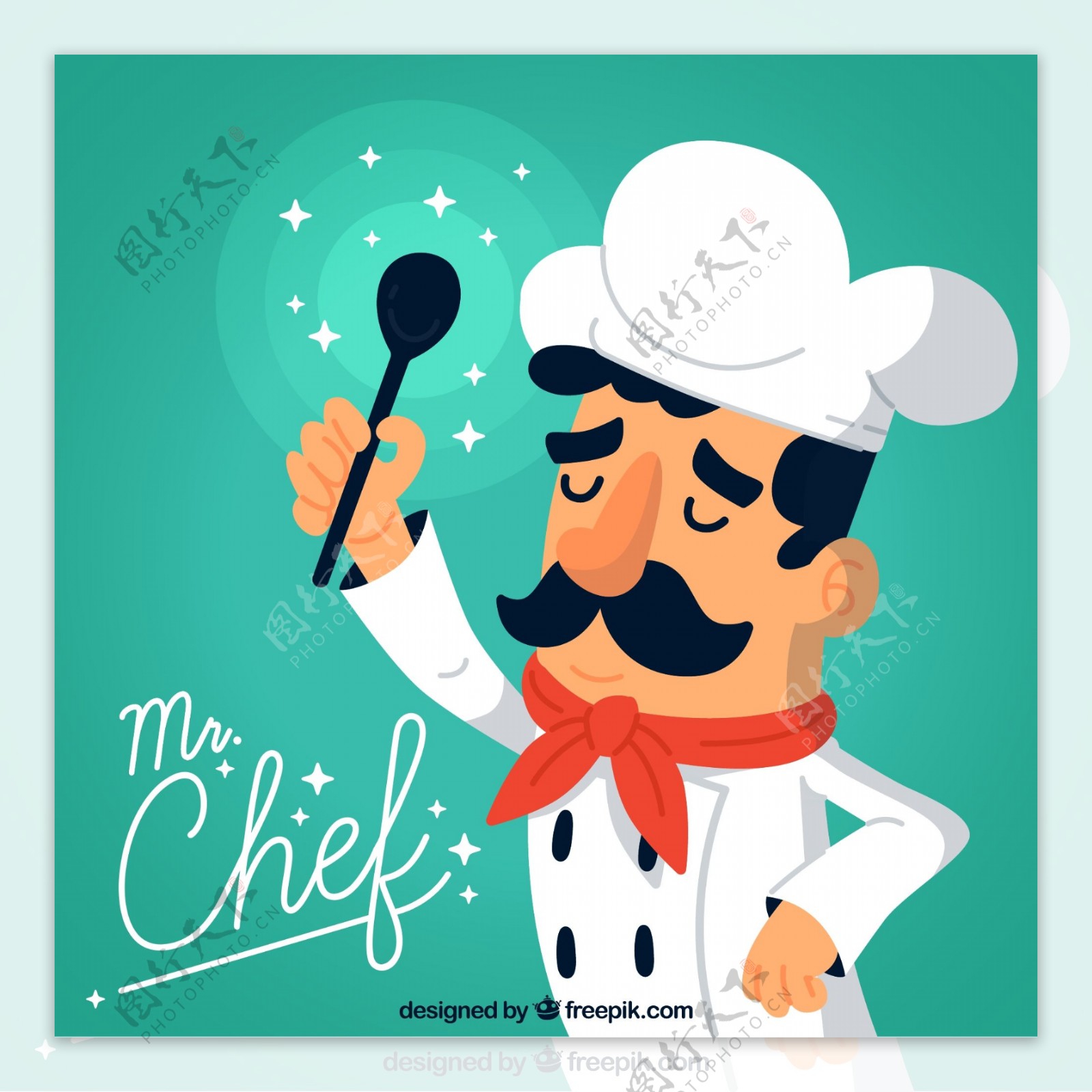 卡通举勺子的男厨师矢量