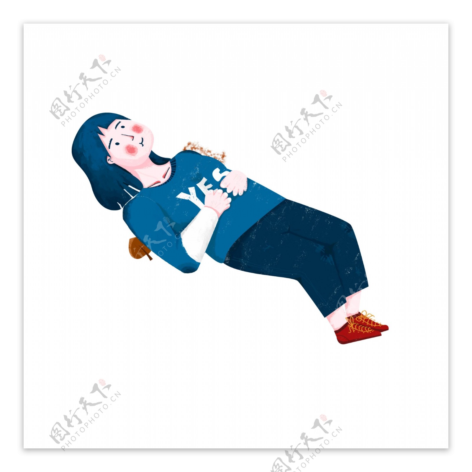 躺着休闲的蓝衣女子卡通元素