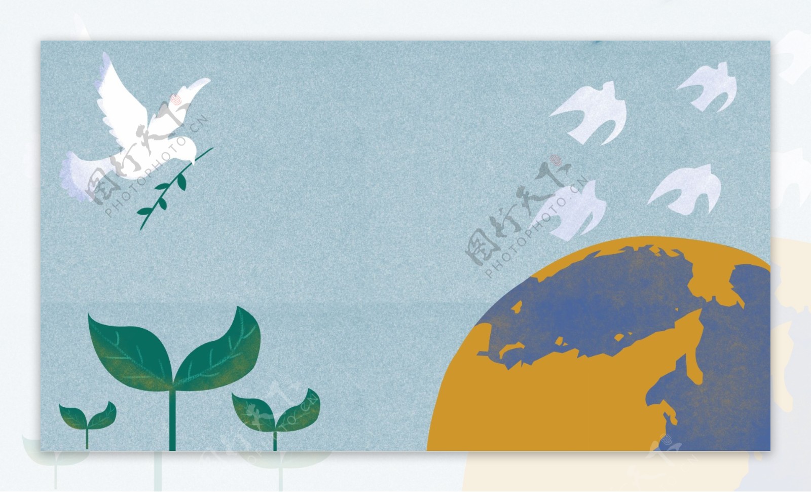 地球上飞翔的白色鸽子绿色植物卡通背景
