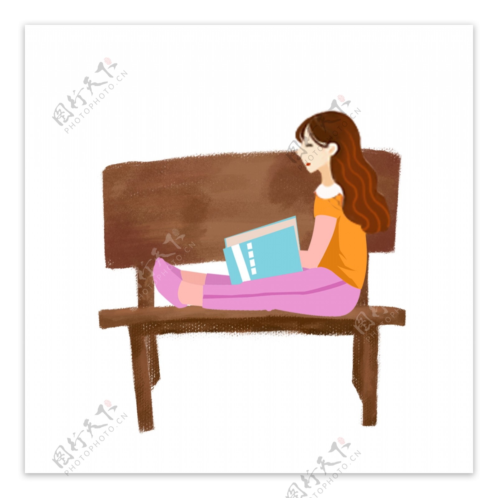 卡通小清新坐在椅子上看书的女孩可商用元素