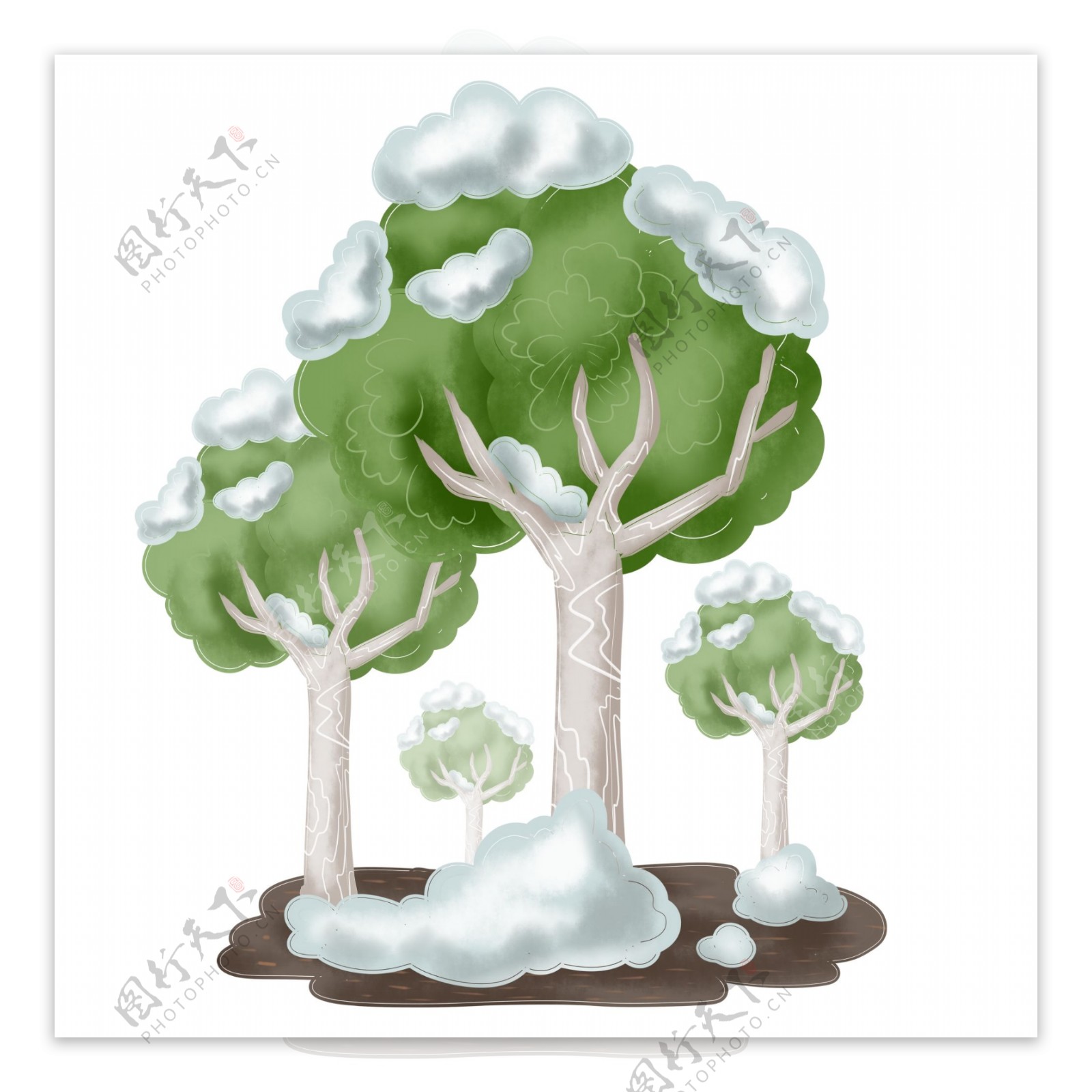 商用手绘冬季下雪雪树圣诞节植物白桦树元素