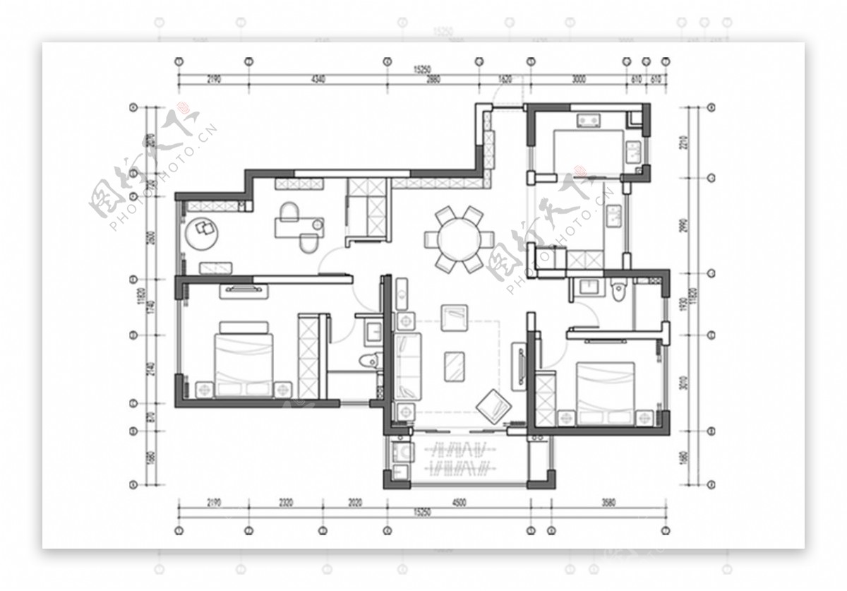 高层三室两厅CAD平面方案