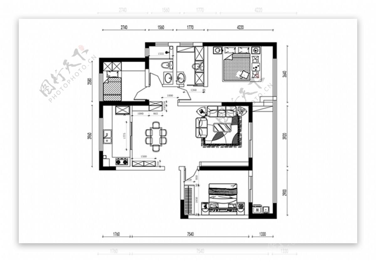 CAD三居室户型平面布置图