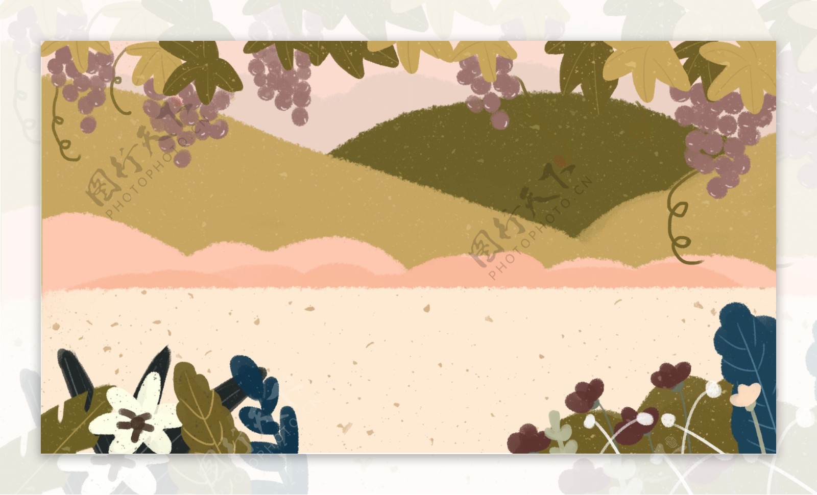绿色山坡彩色花草葡萄架卡通背景