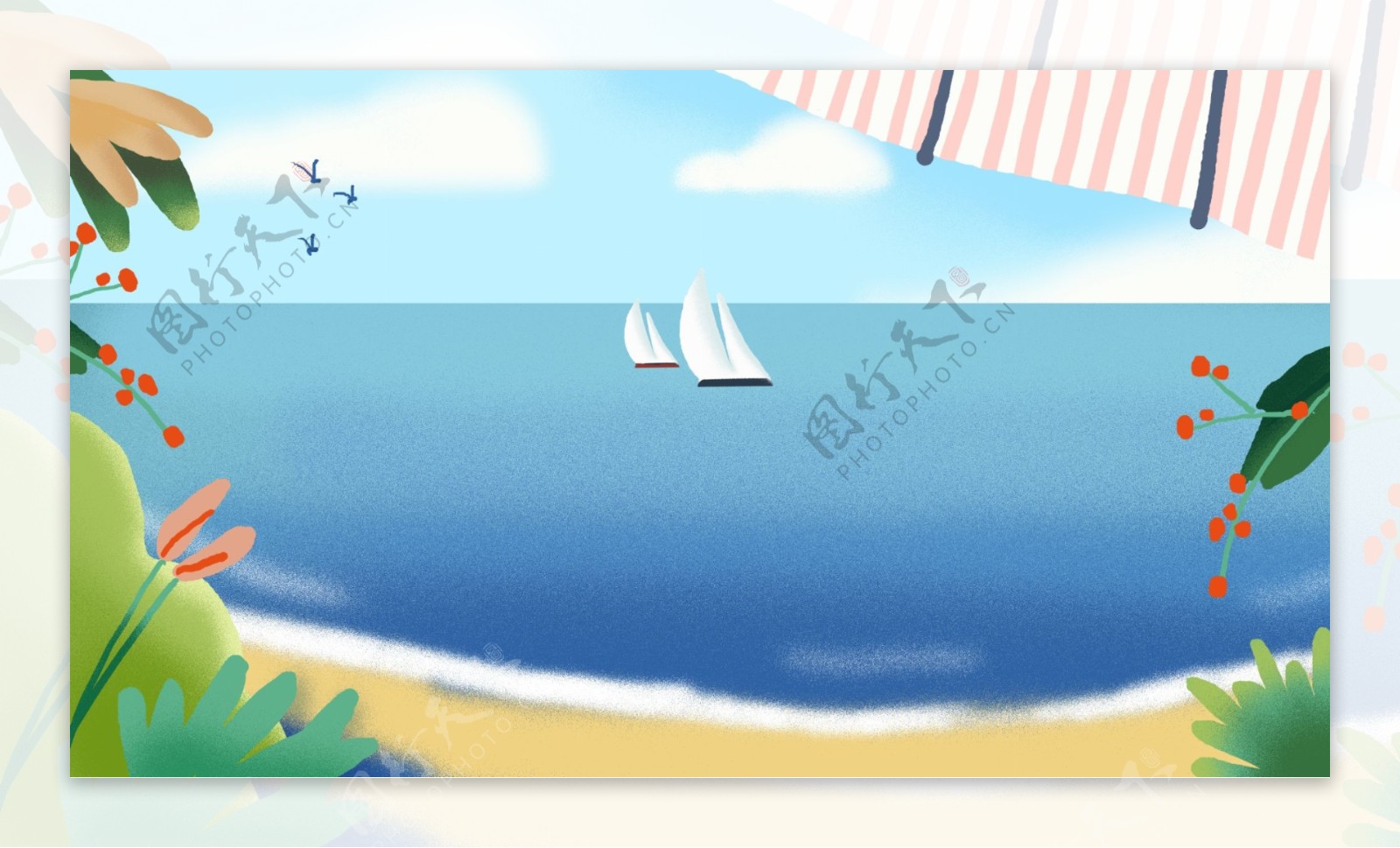 海洋帆船花叶蓝天背景图