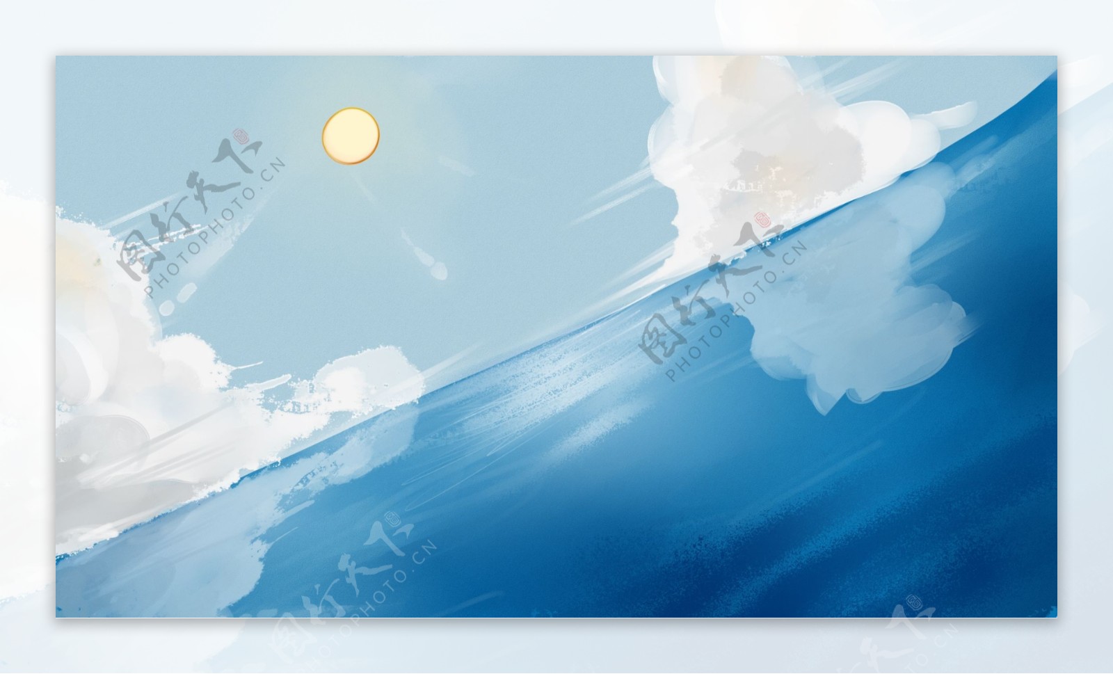 手绘蓝天白云风景海水海面背景设计
