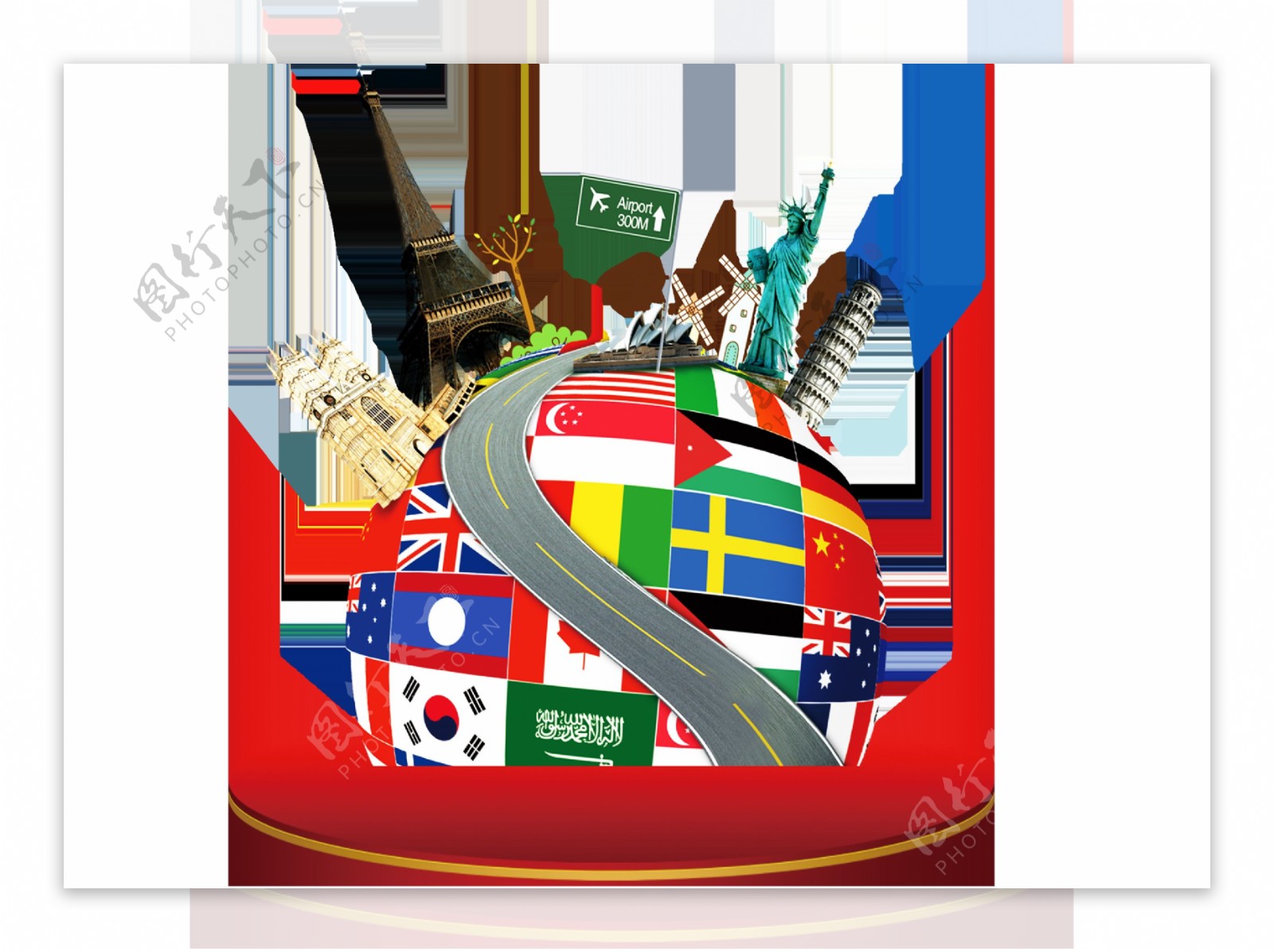 卡通世界国家国旗地标旅游季png元素