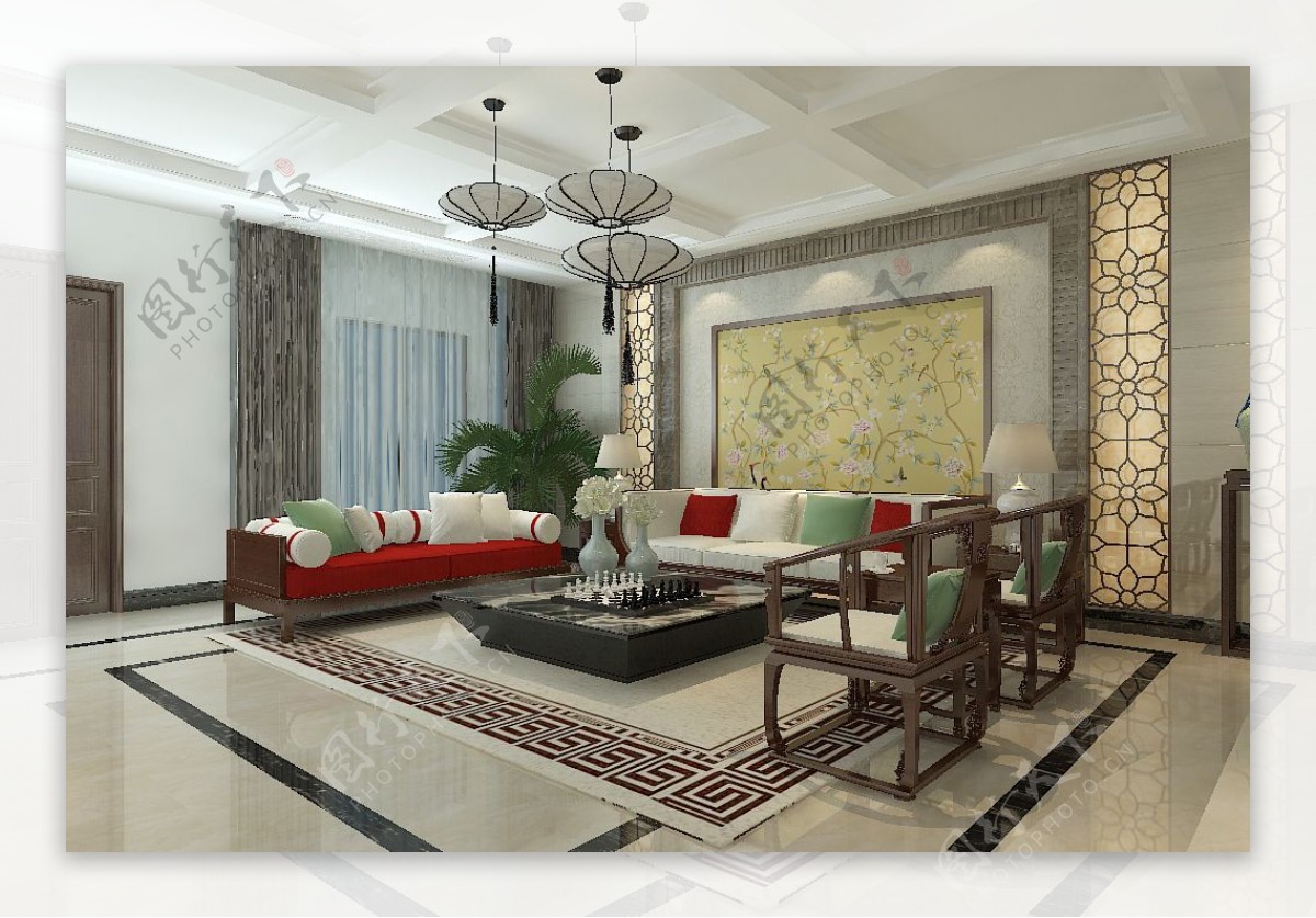 现代中式明亮温馨客厅空间效果图模型