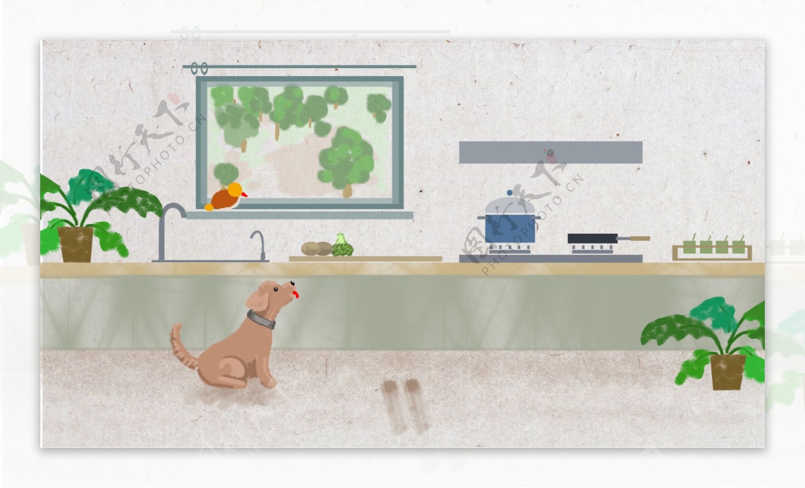 彩绘家居厨房绿植狗狗背景素材