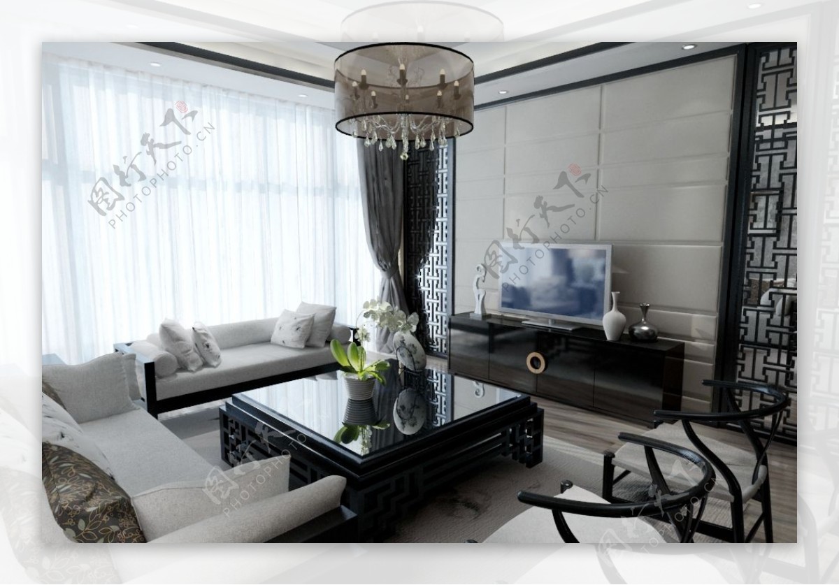 现代简约新中式古典混搭客厅效果图