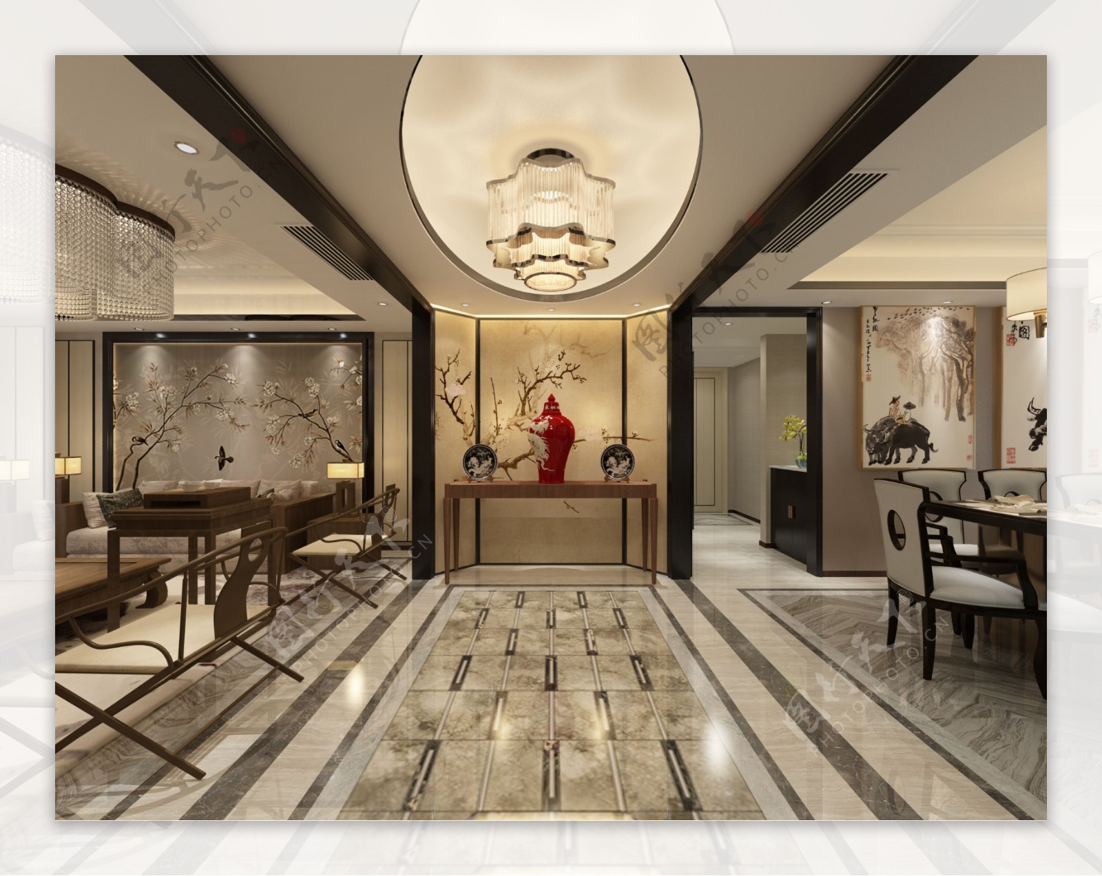 新中式客厅餐厅室内装修装饰效果图