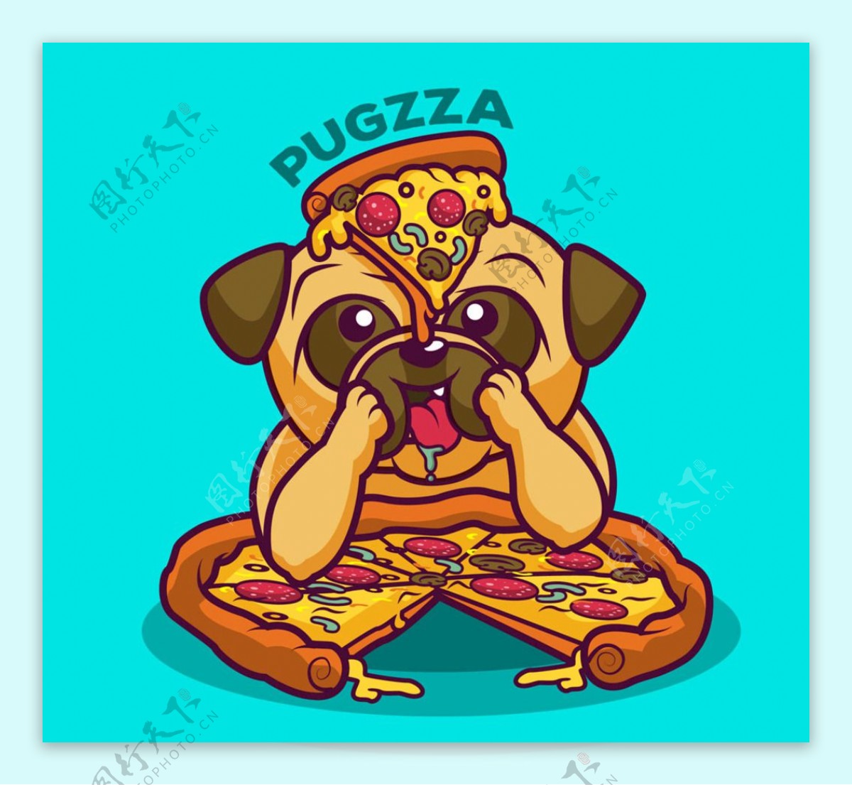 卡通吃披萨的巴哥犬
