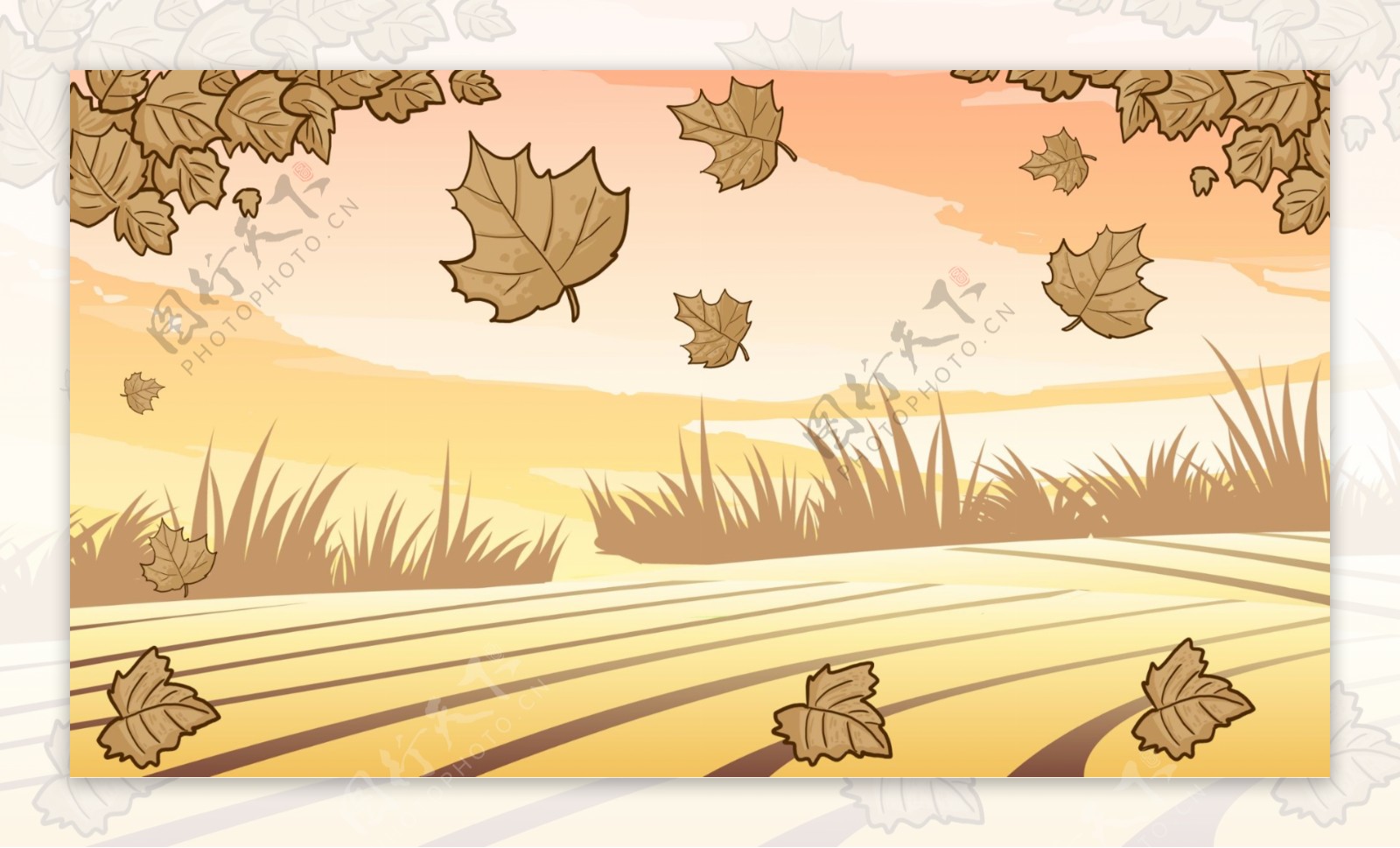 黄色田野上飘落的树叶卡通背景