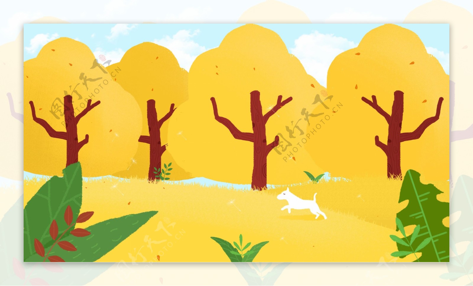 黄色树叶树林卡通背景