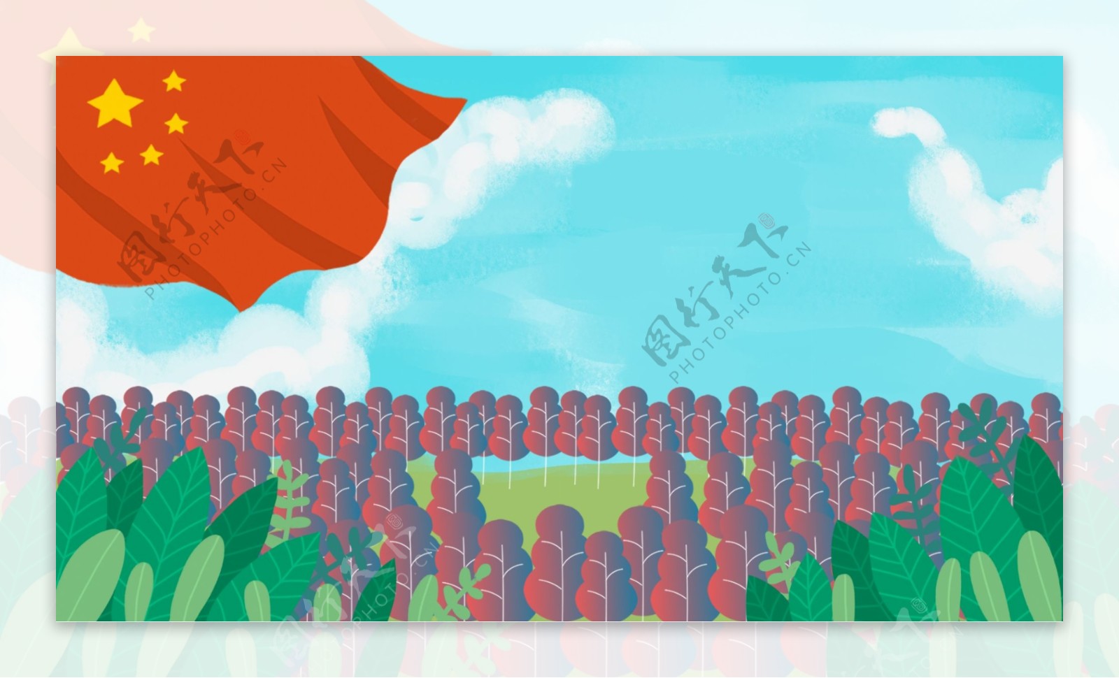 森林上空飘扬的红旗卡通背景