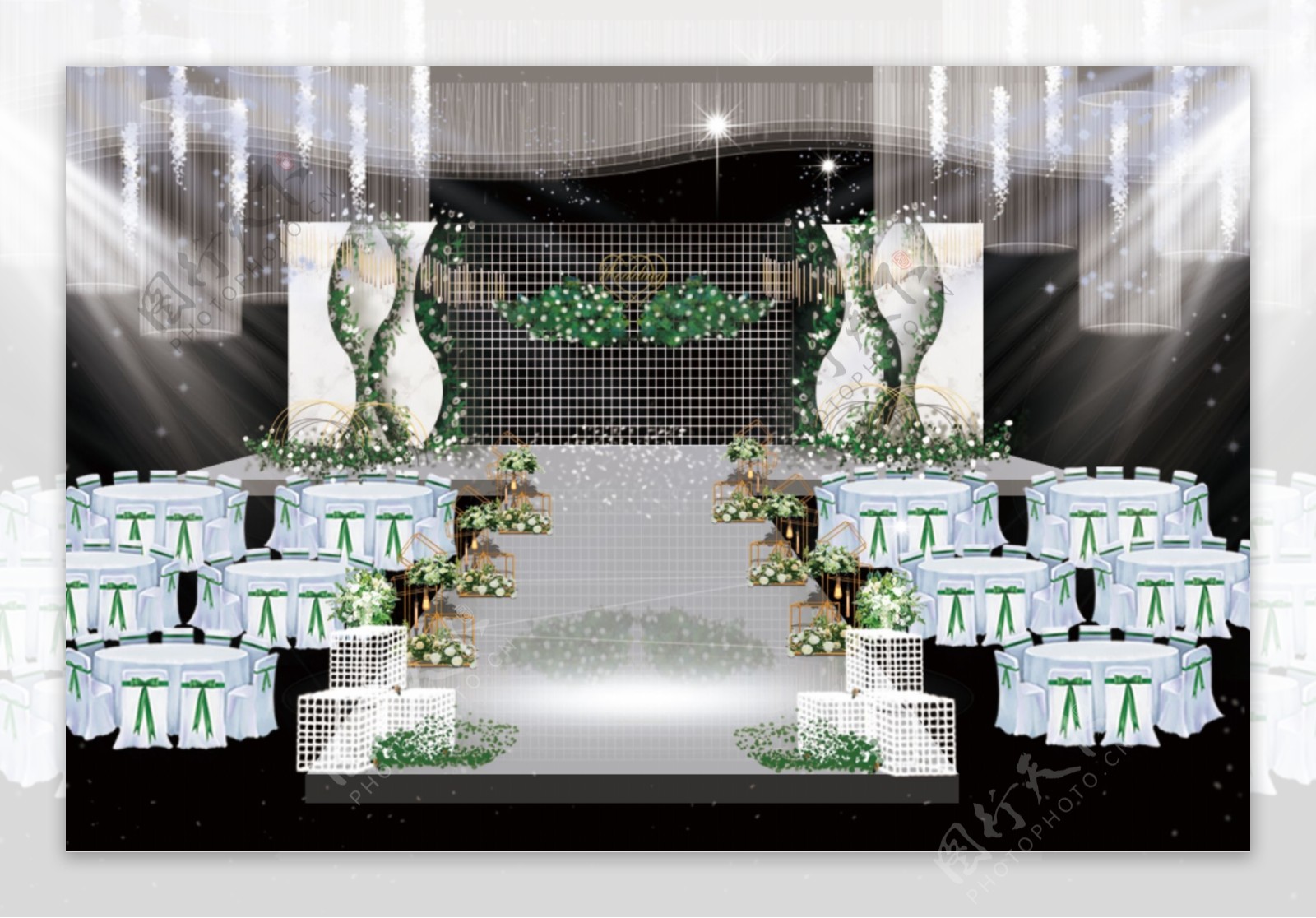 大理石婚礼白绿色婚礼舞台效果图