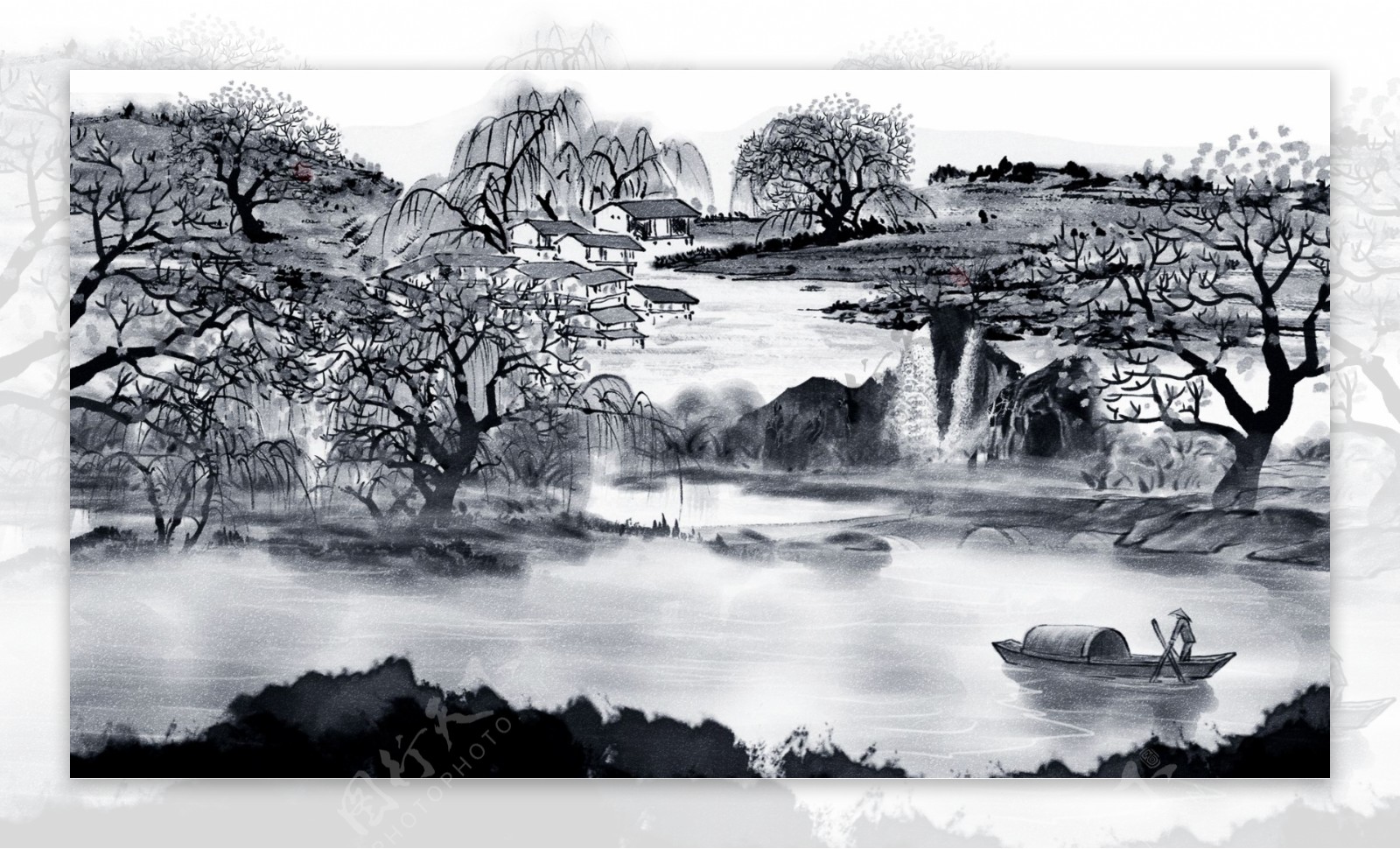 水墨中国风湖泊背景设计